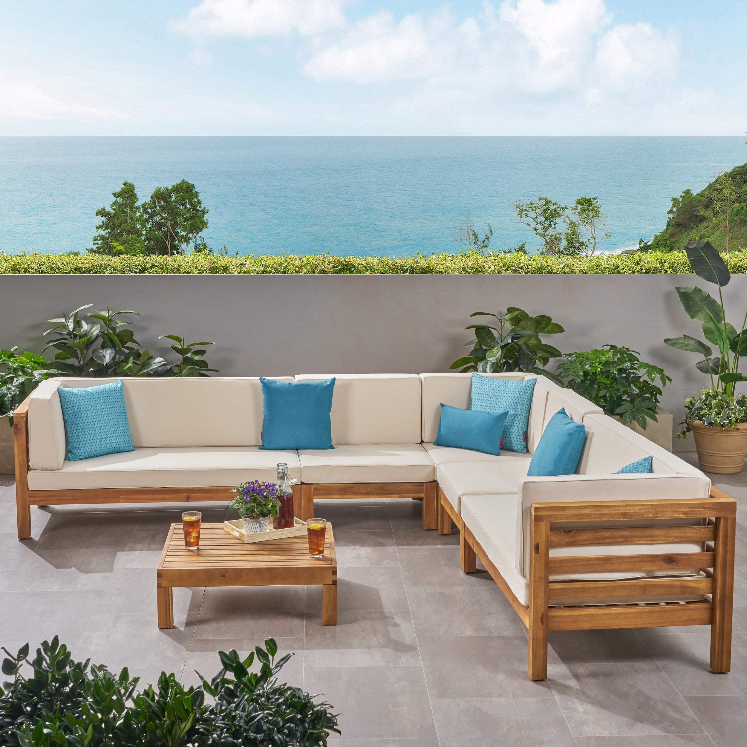 Oana Outdoor 7 Seater Acacia Wood Sectional Sofa Set By Christopher Knight Home