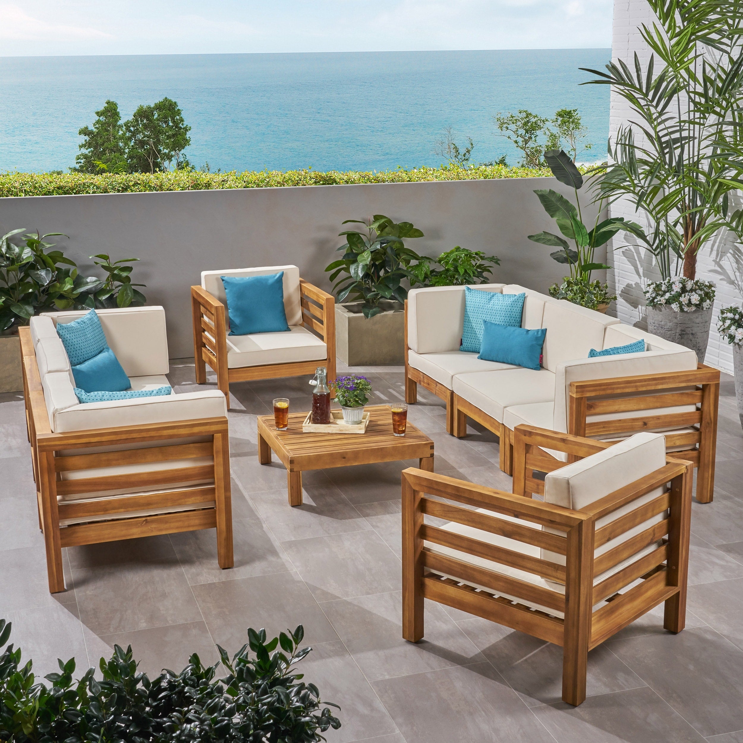 Oana Outdoor 8 Seater Acacia Wood Sofa And Club Chair Set By Christopher Knight Home