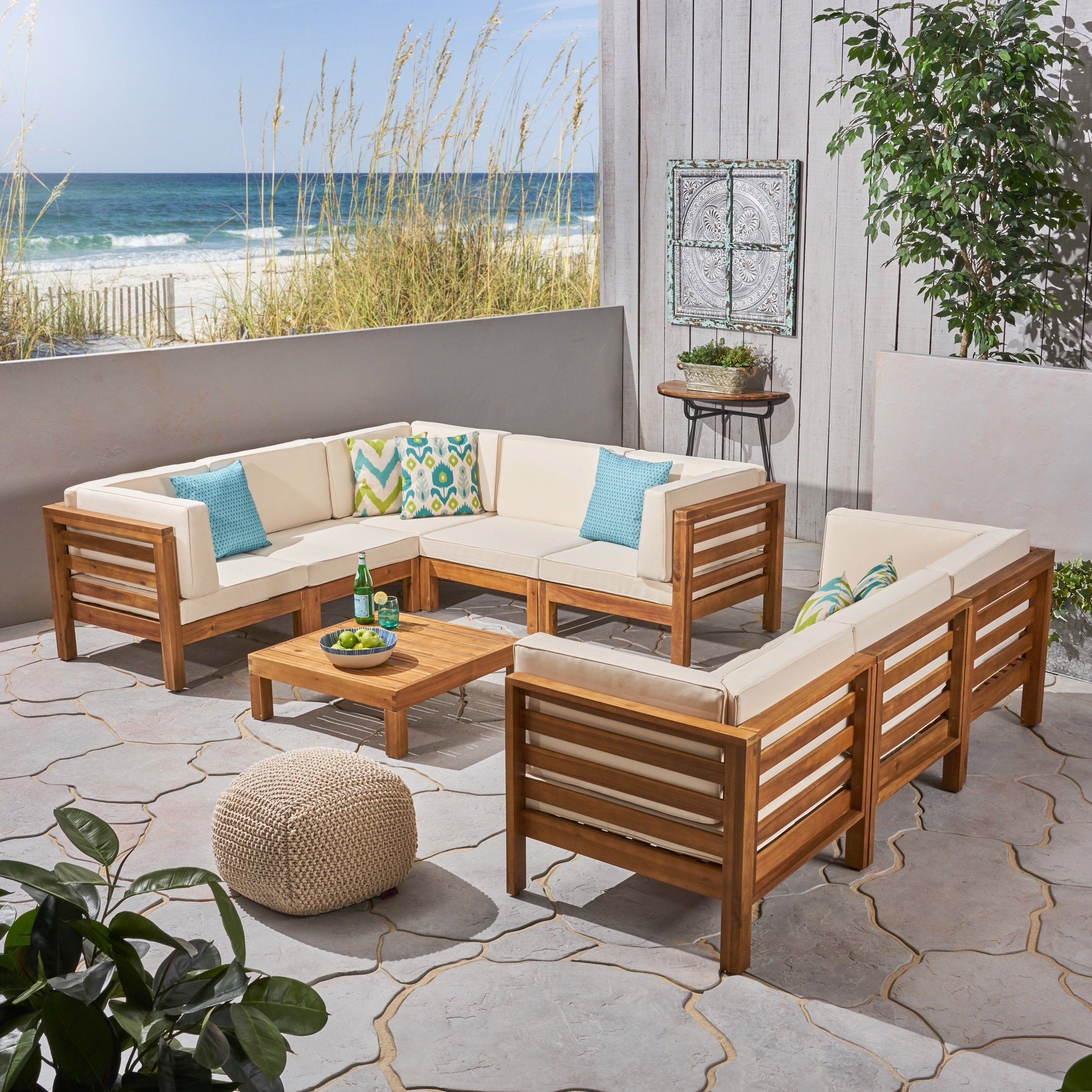 Oana Outdoor 9 Piece Acacia Wood Sectional Sofa Set With Coffee Table By Christopher Knight Home