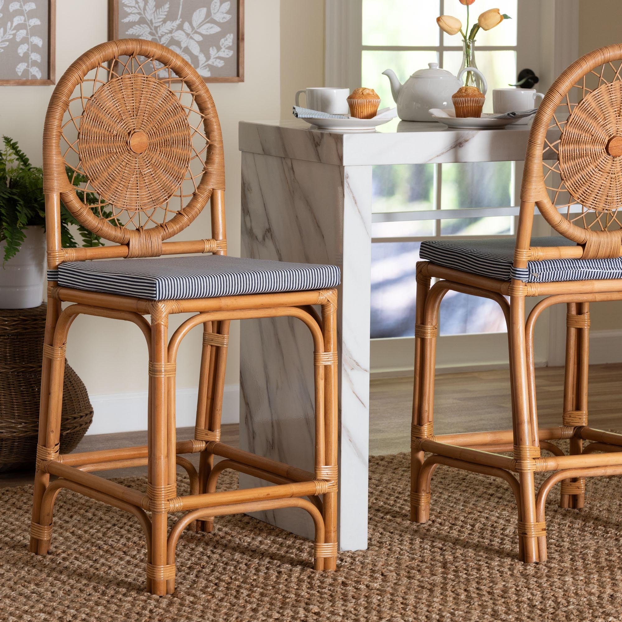 Oberon Natural Rattan Counter Stool With Cushion Handwoven Wicker Kitchen Island Seating With Sunburst Backrest
