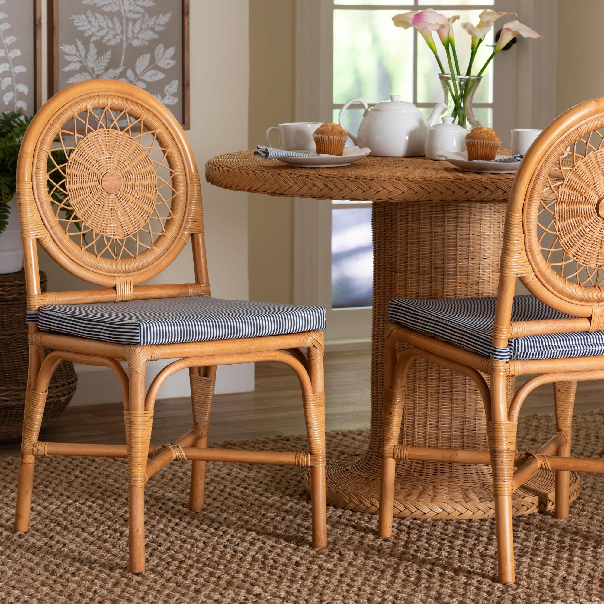 Oberon Natural Rattan Dining Chair With Cushion Handwoven Wicker Bistro Accent Seating With Sunburst Backrest