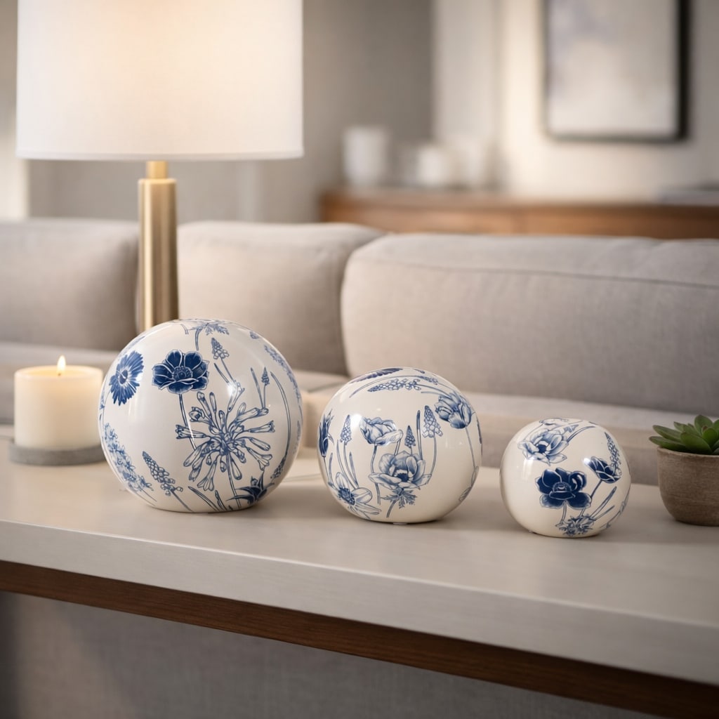 Objects Set Of 3 Blue Ivory Ceramic Floral Orbs 4 5 6 In. 6.0