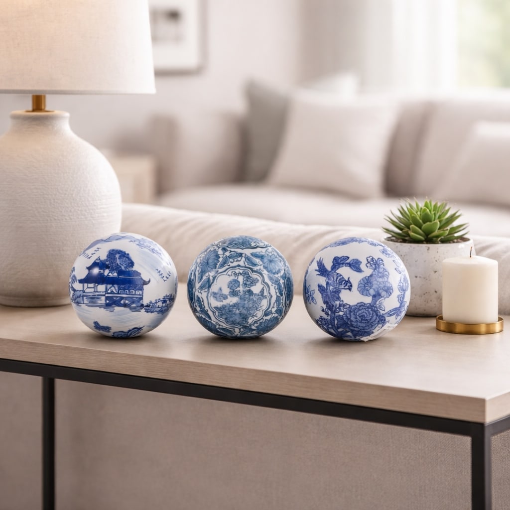 Objects Set Of 3 Blue White Ceramic Chinoiserie Orbs 5 In 5.0