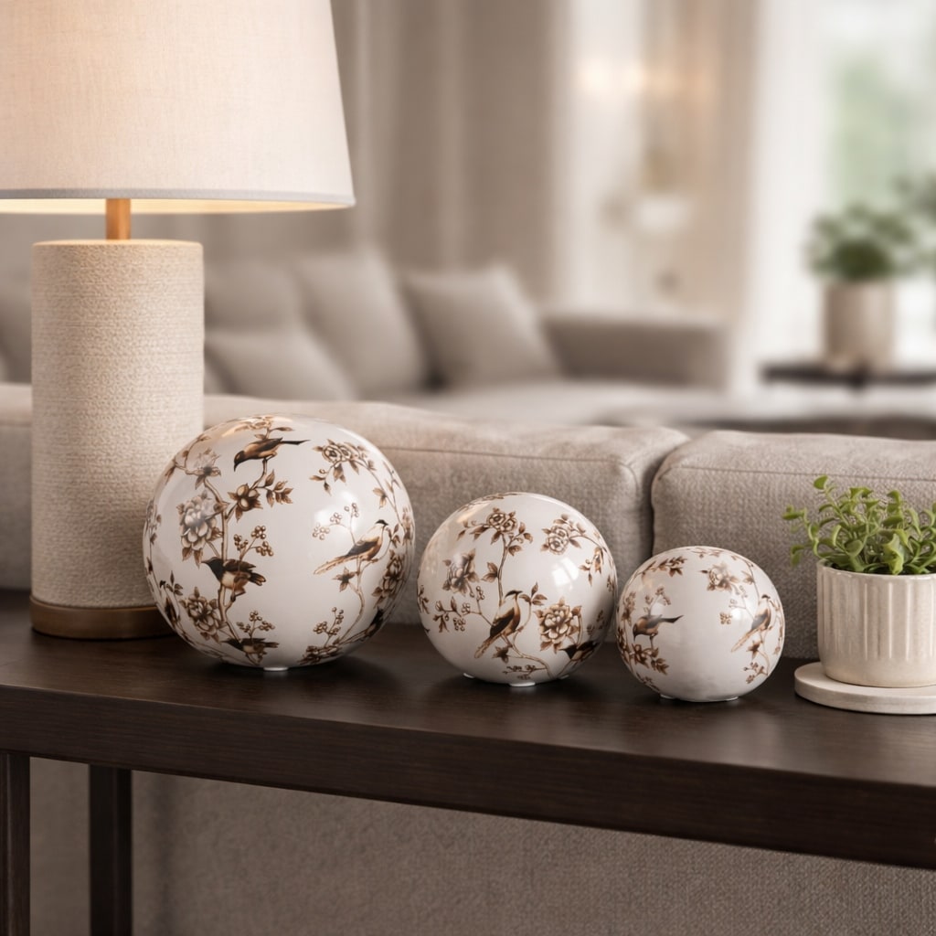 Objects Set Of 3 Brown White Ceramic Birds Orbs 4 5 6 In. 6.0