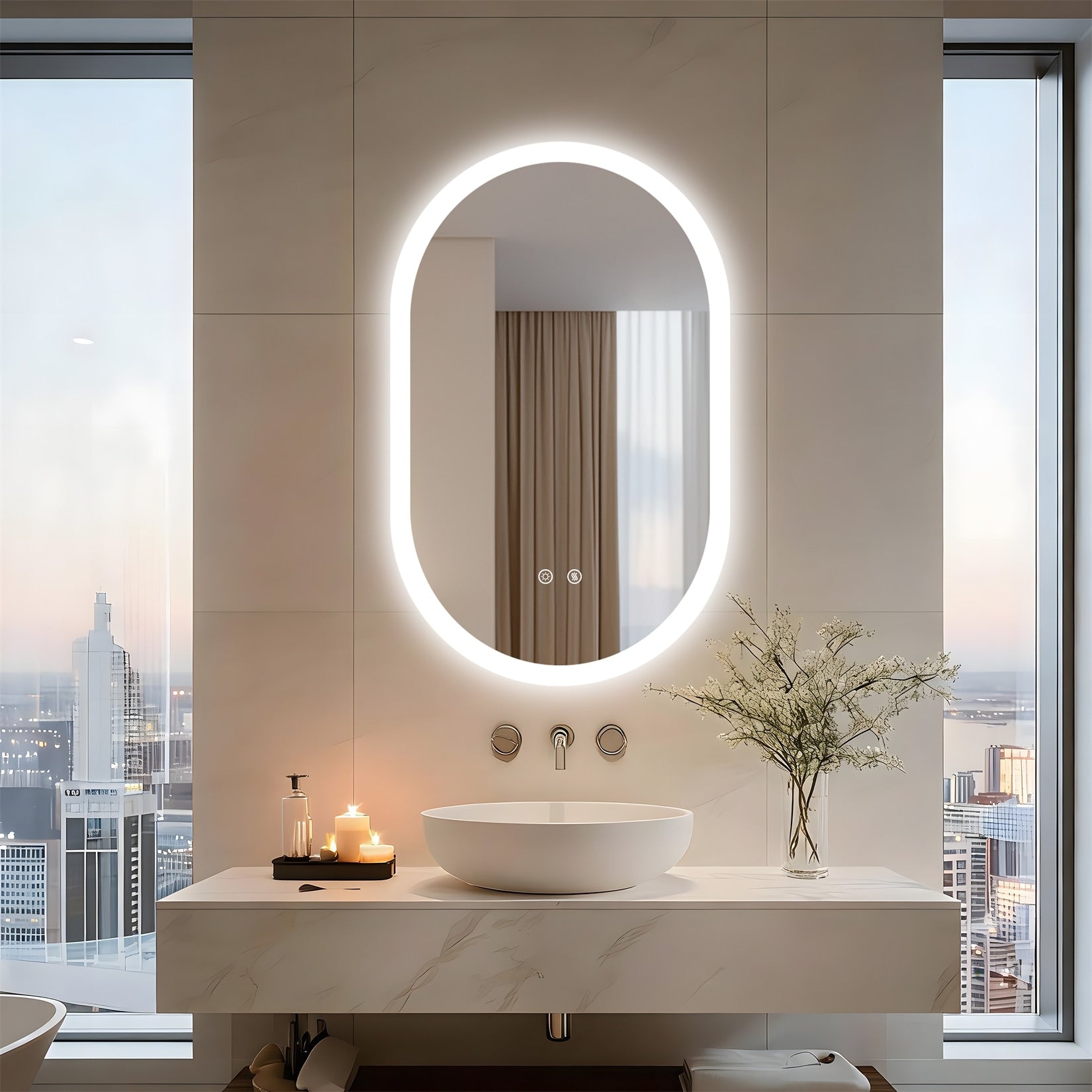 Oblong Oval Tempered Glass Wall Mounted Bathroom Mirror Backlit Led Vanity Mirror