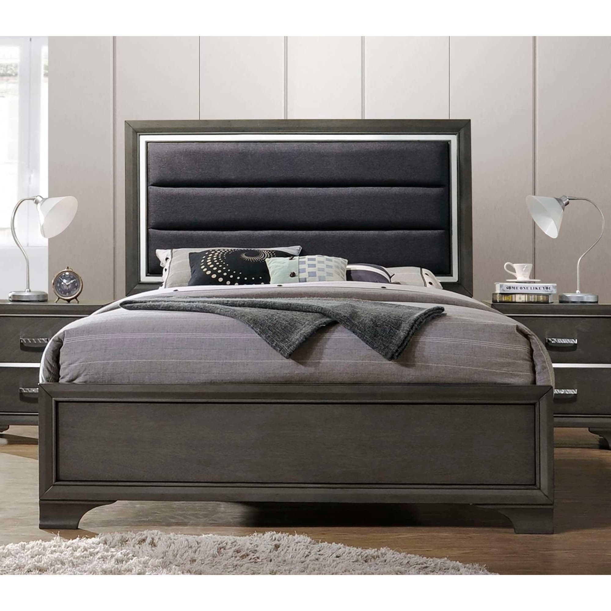 Queen Size Grey Faux Leather Wood Platform Bed