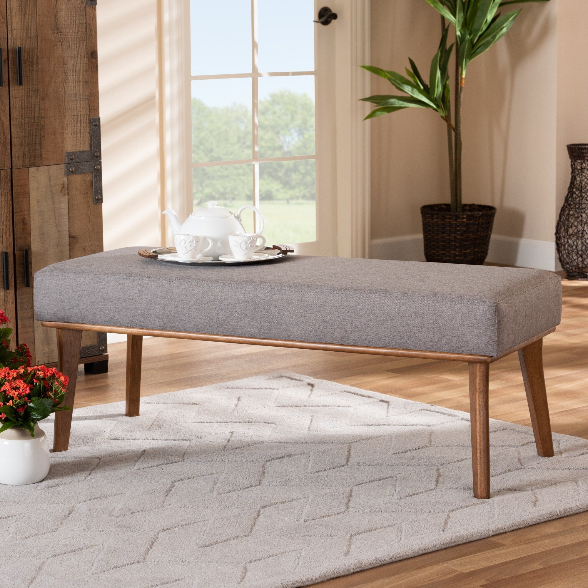 Odessa Grey Fabric And Walnut Brown Finished Wood Dining Bench