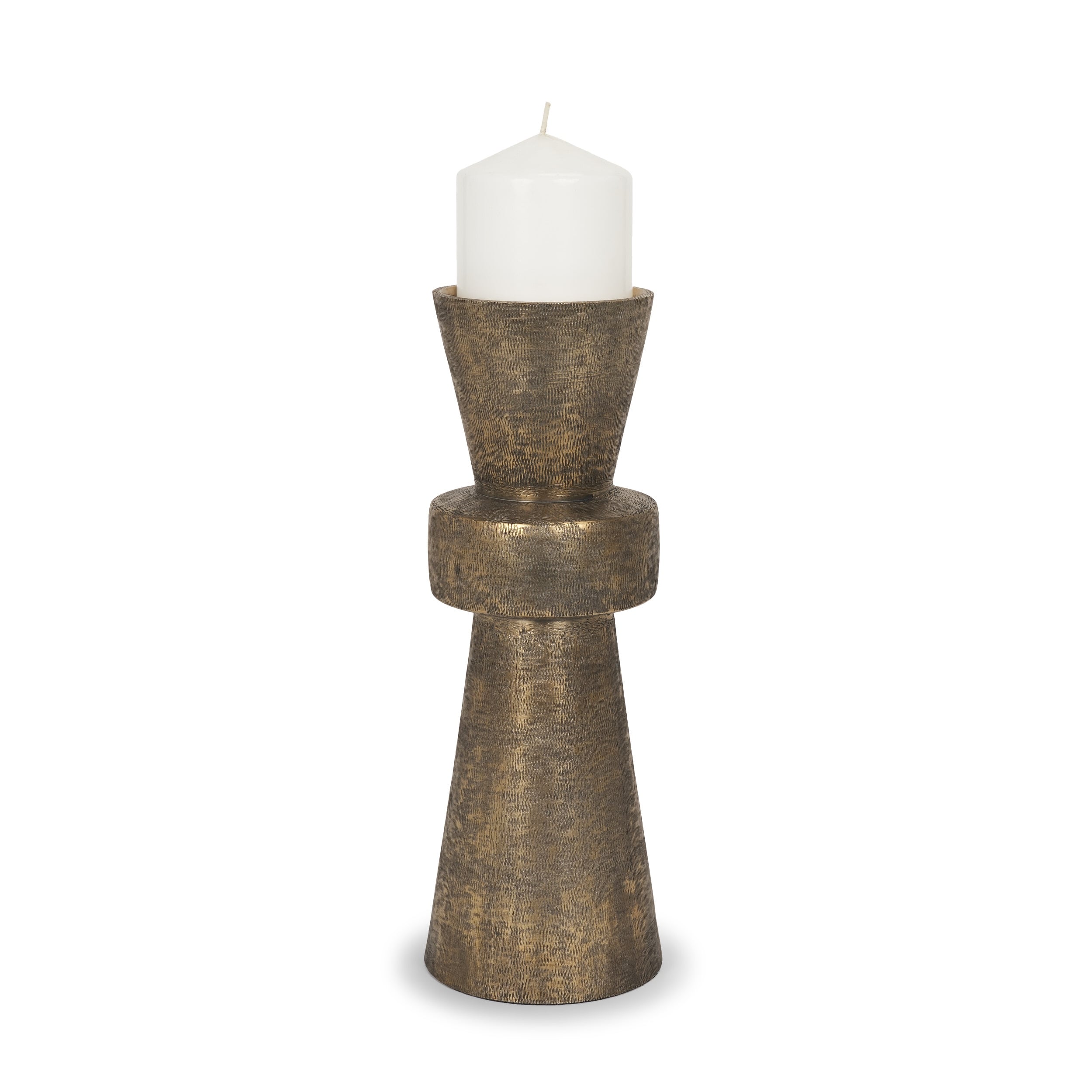 Odilia Large Textured Antiqued Gold Metal Geometric Pillar Candle Holder