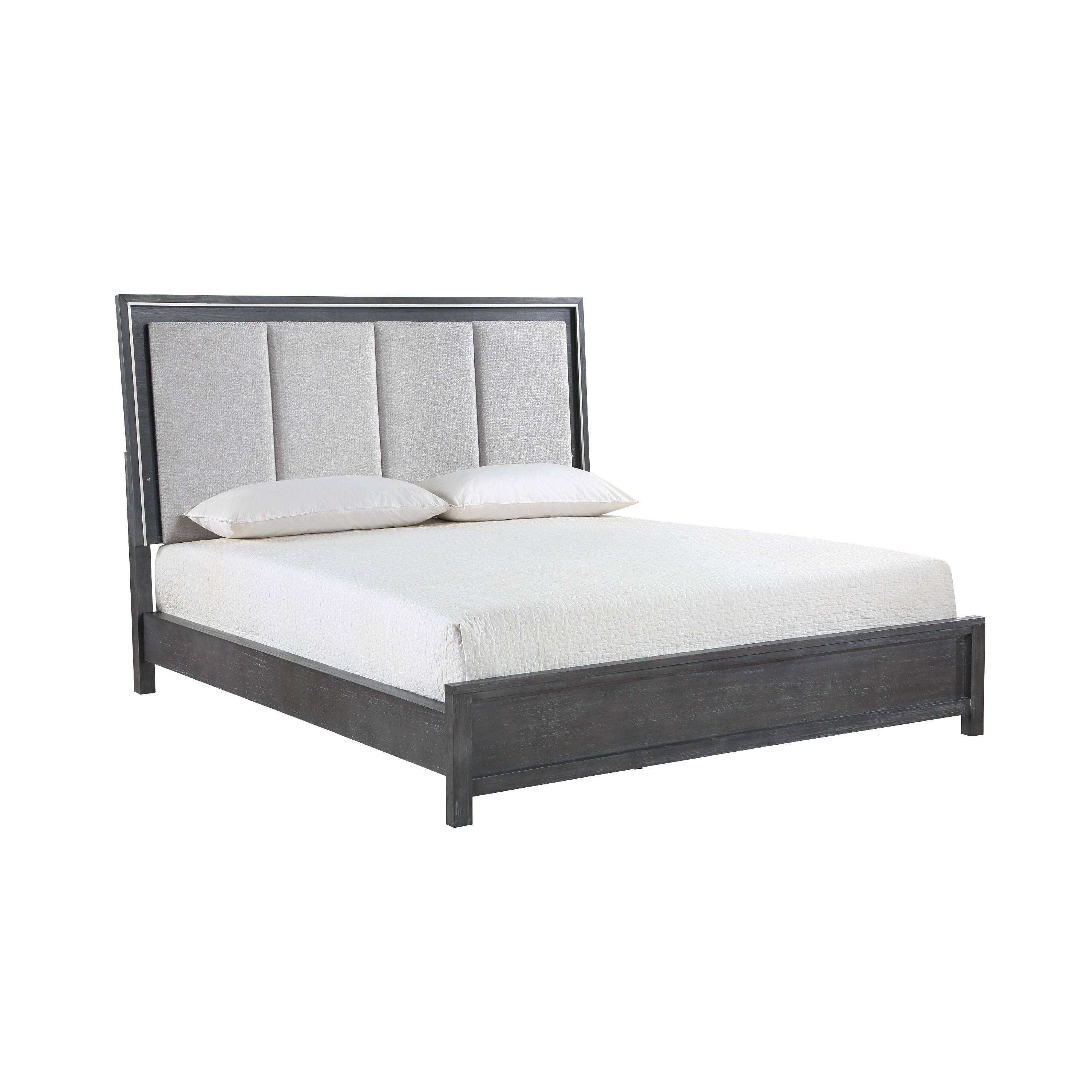 Odiy King Size Bed Vertical Padded Gray Upholstery Led Headboard