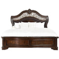 Odora Ornate Carved Queen Bed Faux Leather Upholstery Brown Gold