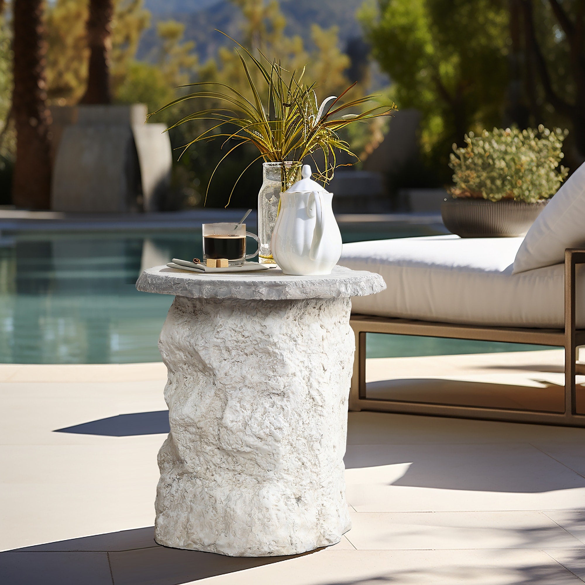 Off White Outdoor Side Table Mgo Patio Accent With Textured Base Smooth Top