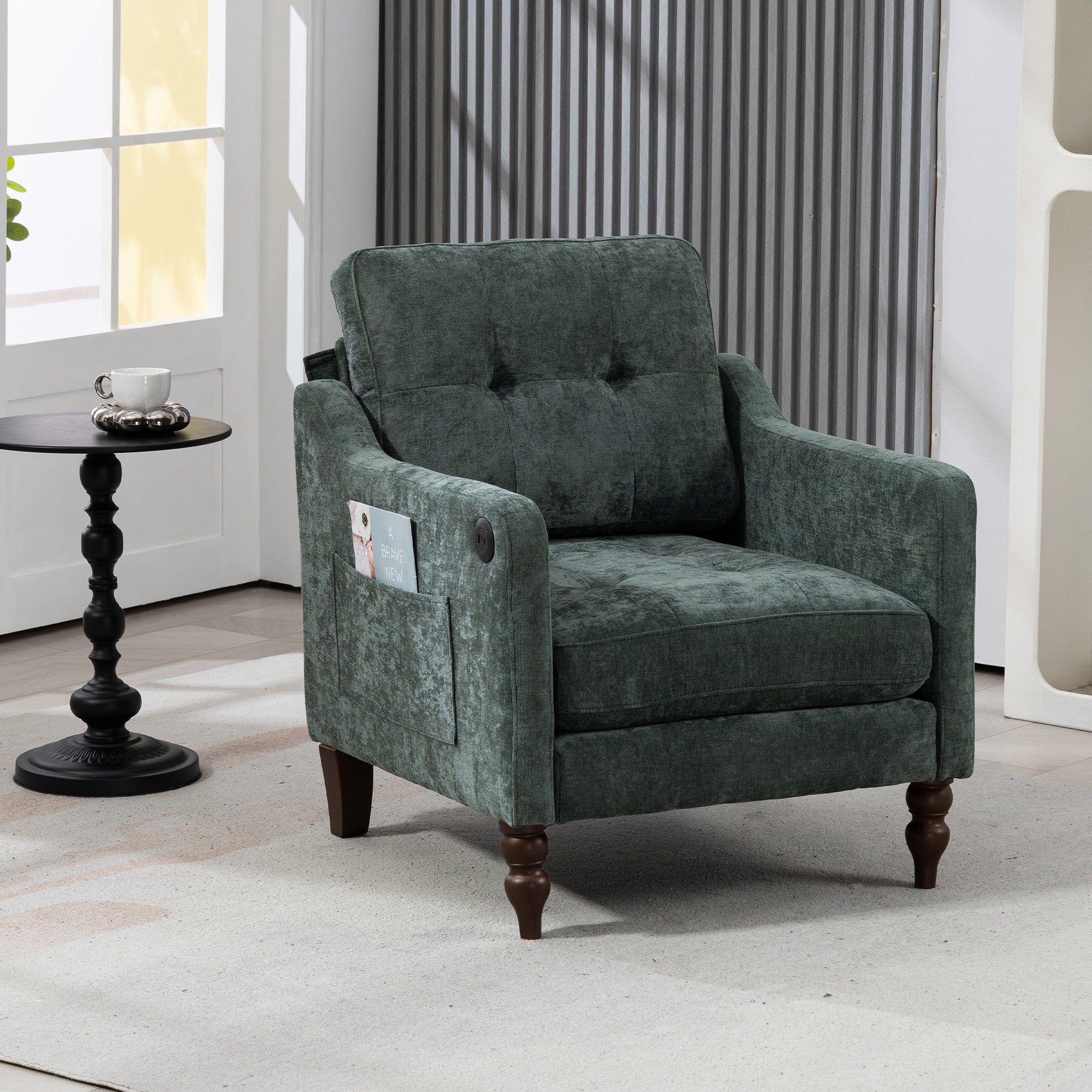 Office Chair Dark Green Side Chair With Usb Charging Port Simple Dressing Chair Club Chair Arm Chair Padded Chair