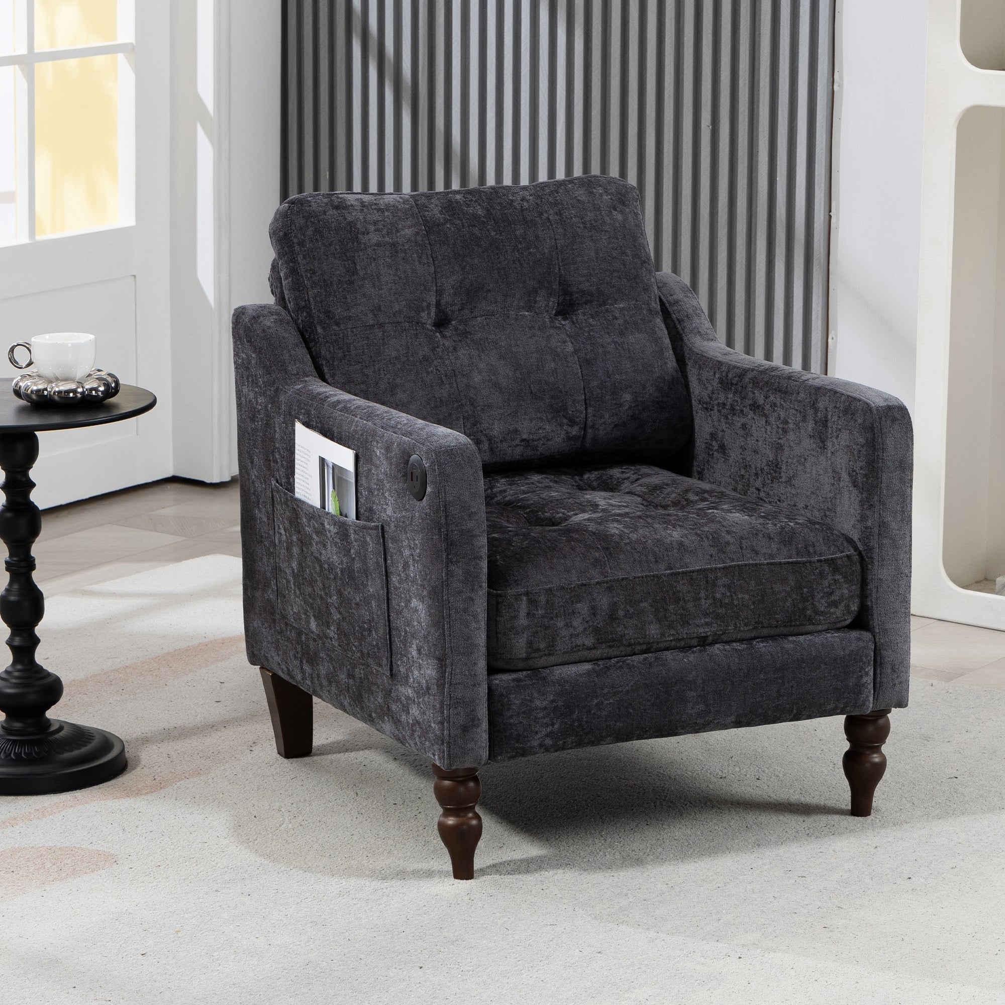 Office Chair Side Chair With Usb Charging Port Simple Dressing Chair Dark Grey Club Chair Arm Chair Padded Chair