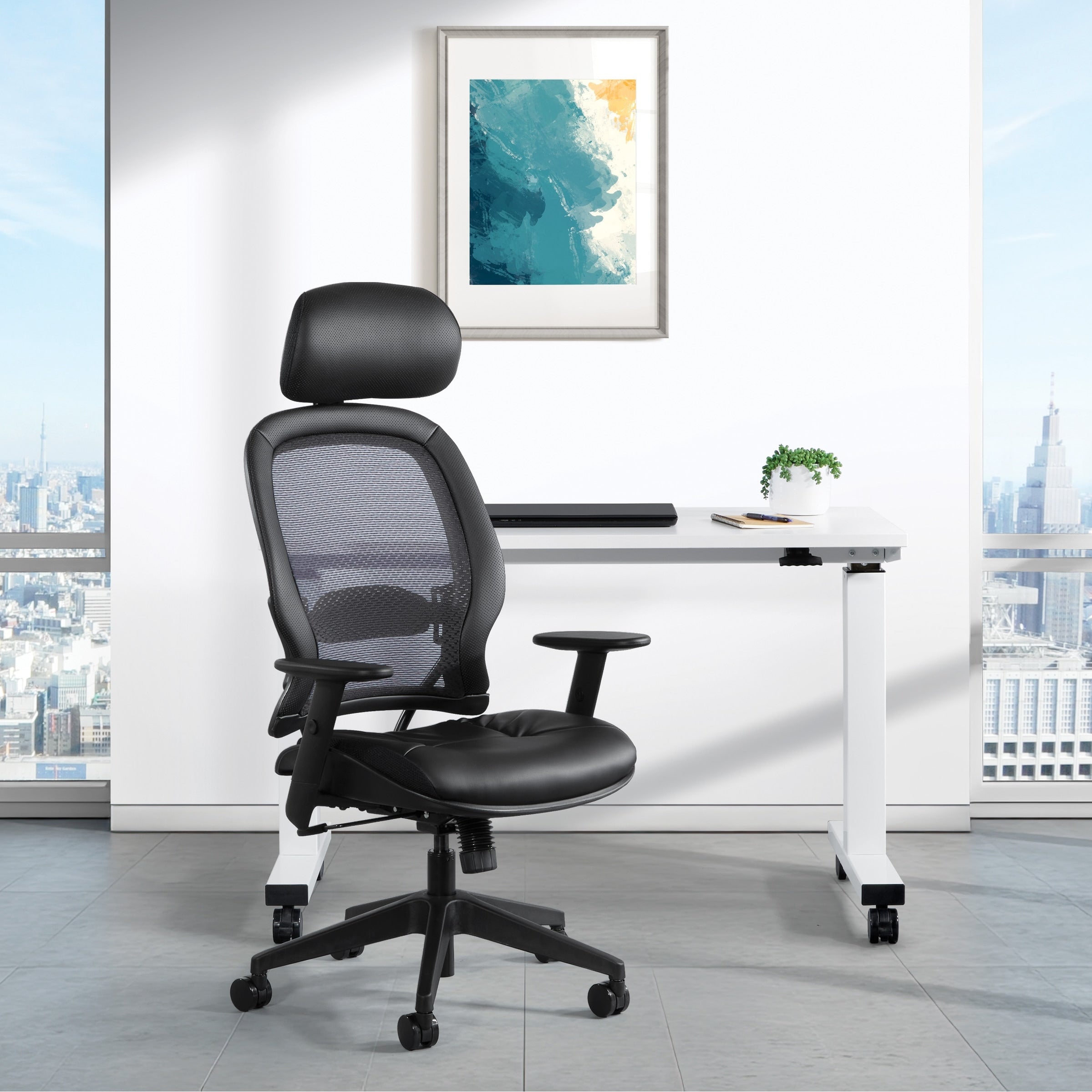 Space Seating Professional Air Grid Chair With Bonded Leather Seat And Adjustable Headrest