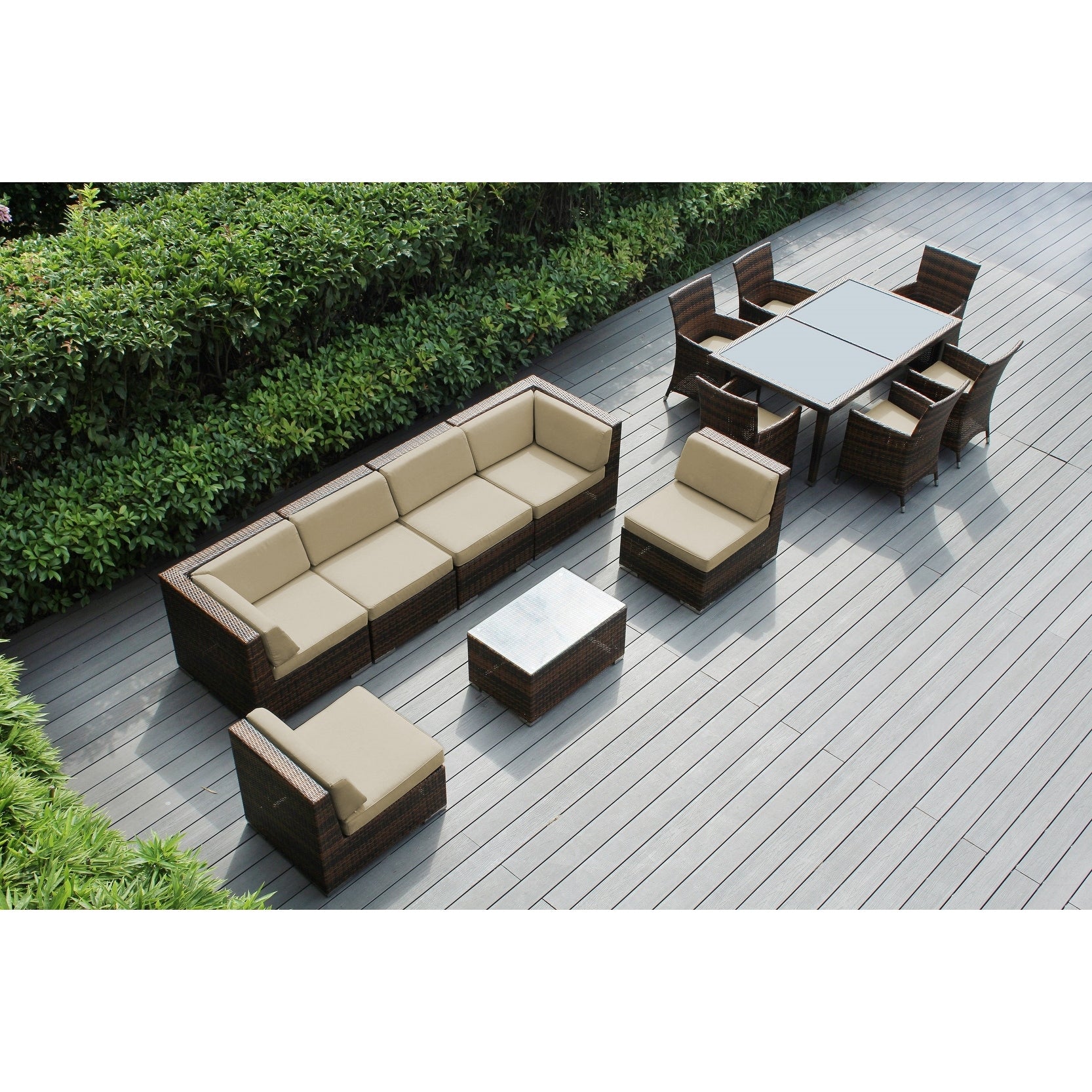 Ohana Outdoor Patio 14 Piece Mixed Brown Wicker Sofa And Dining Set With Cushions
