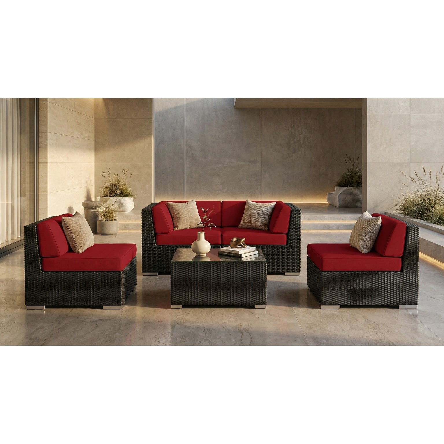 Ohana Outdoor Patio 5 Piece Black Wicker Conversation Set With Cushions