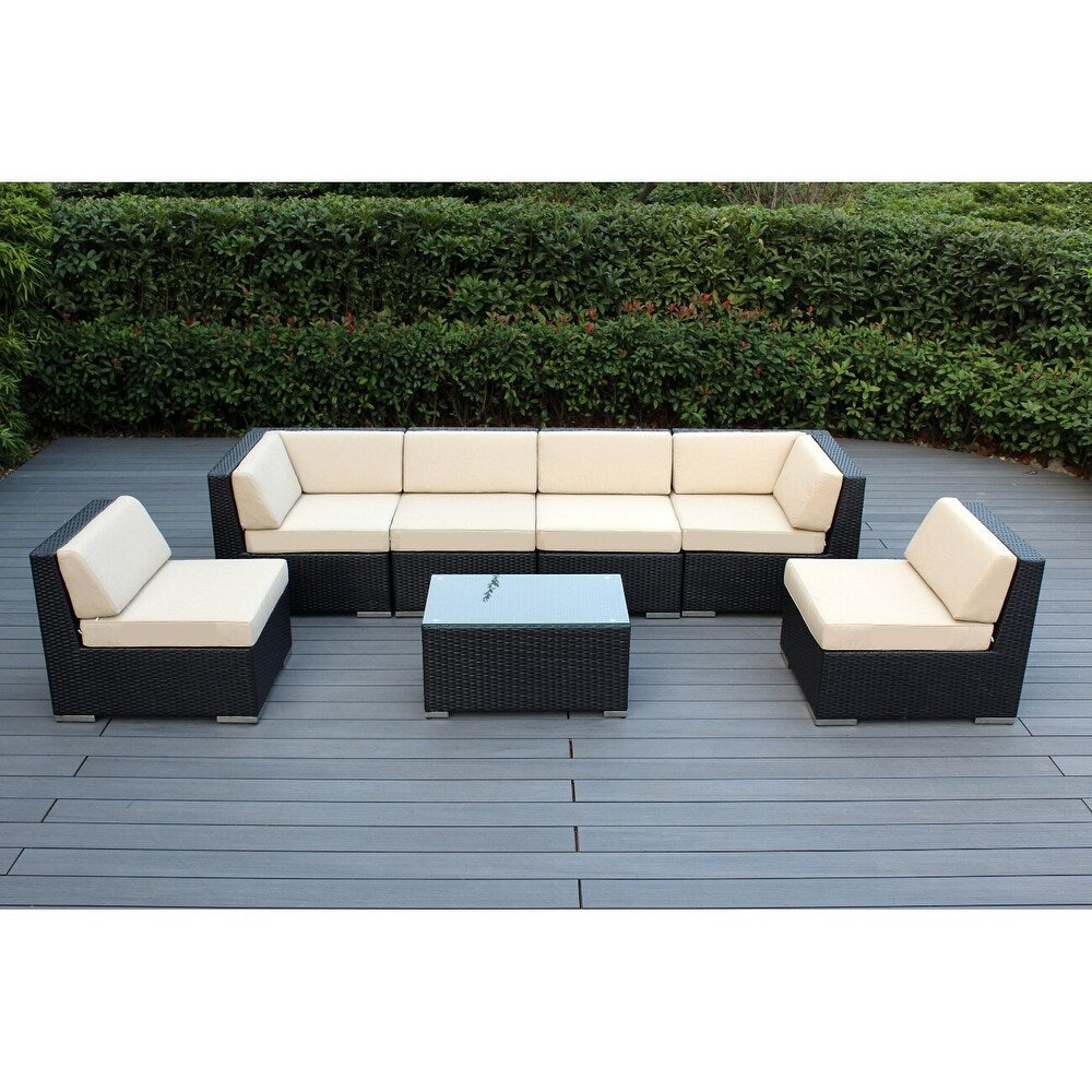 Ohana Outdoor Patio 7 Piece Black Wicker Conversation Set With Cushions