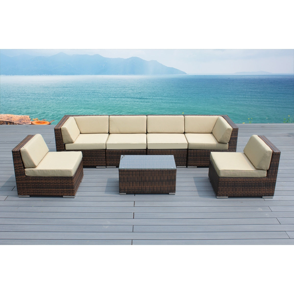 Ohana Outdoor Patio 7 Piece Mixed Brown Wicker Conversation Set With Cushions