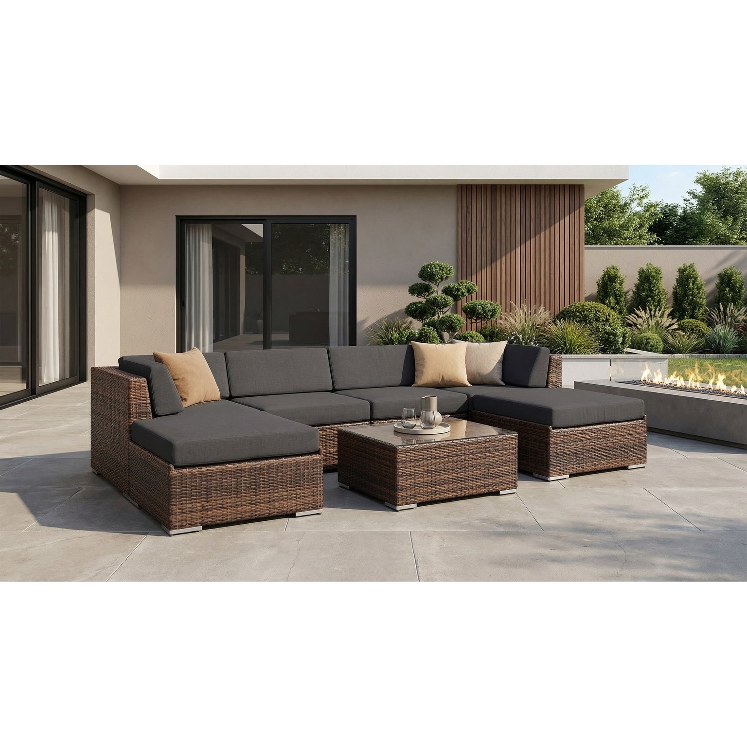 Ohana Outdoor Patio 7 Piece Mixed Brown Wicker Conversation Set With Cushions