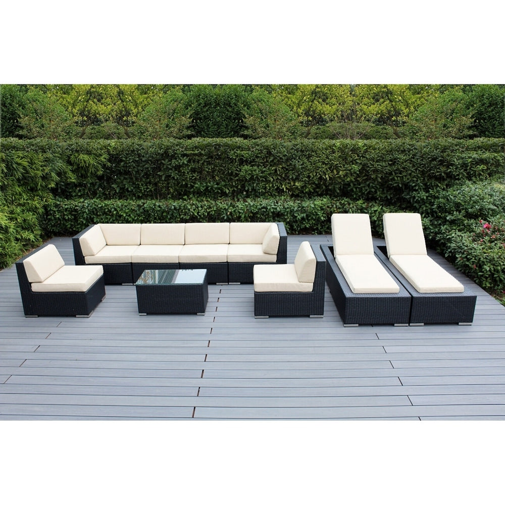 Ohana Outdoor Patio 9 Piece Black Wicker Sofa And Chaise Lounge With Cushions