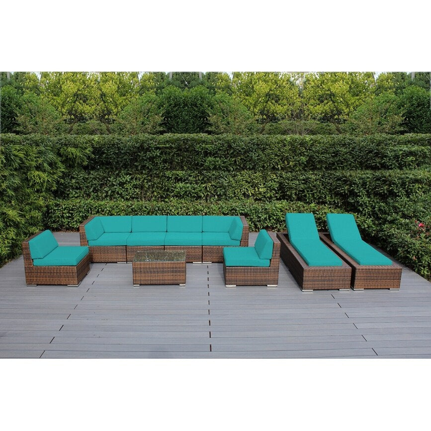 Ohana Outdoor Patio 9 Piece Mixed Brown Wicker Sofa And Chaise Lounge With Cushions