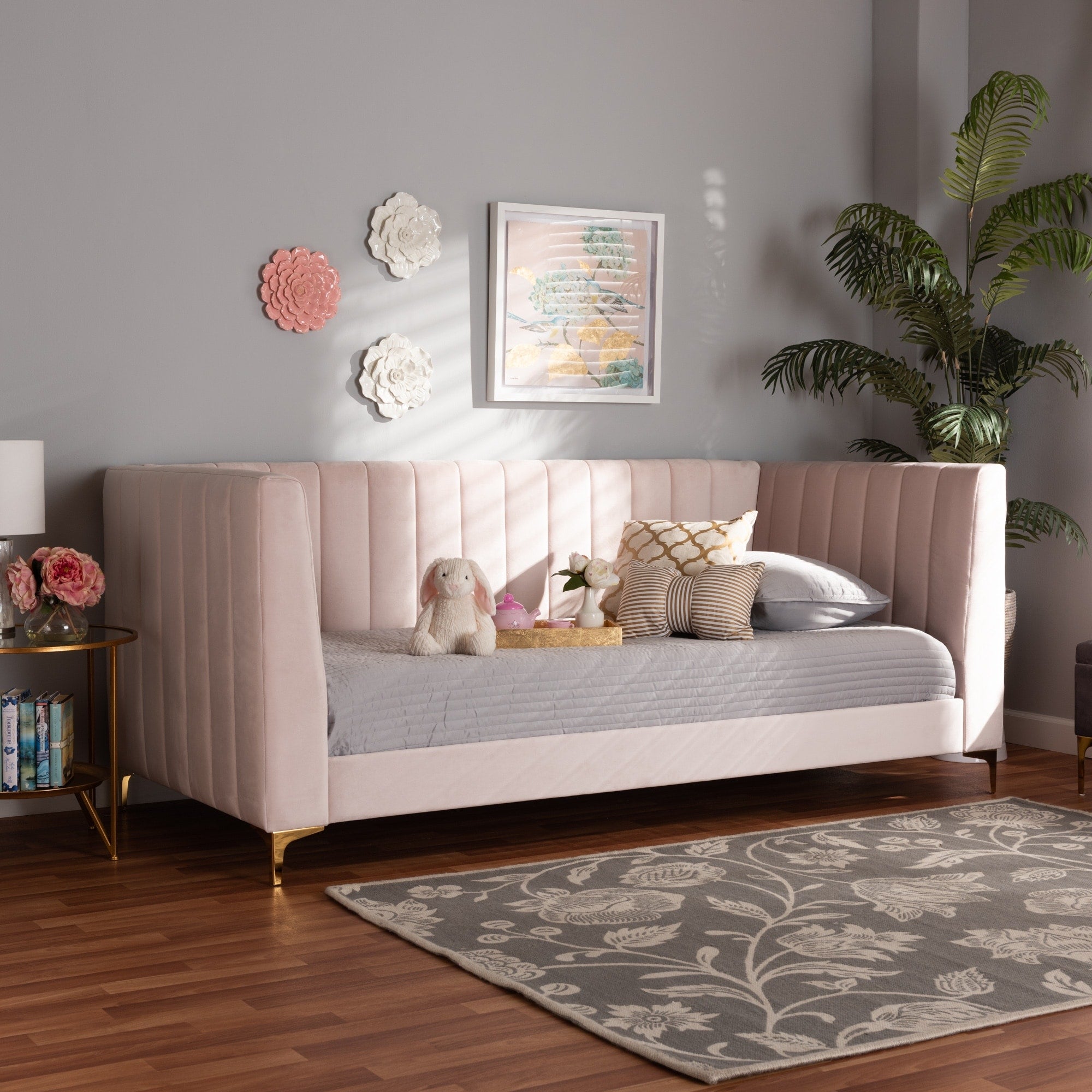 Oksana Light Pink Velvet And Gold Finished Twin Size Daybed