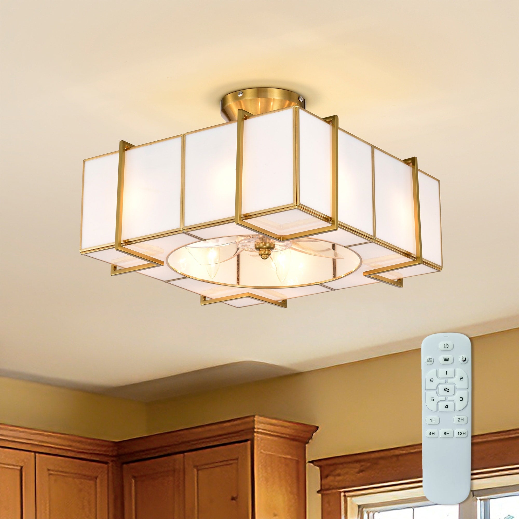 Olapine Square White Gold Trim Tiffany Glass Lighted Ceiling Fandelier With Remote