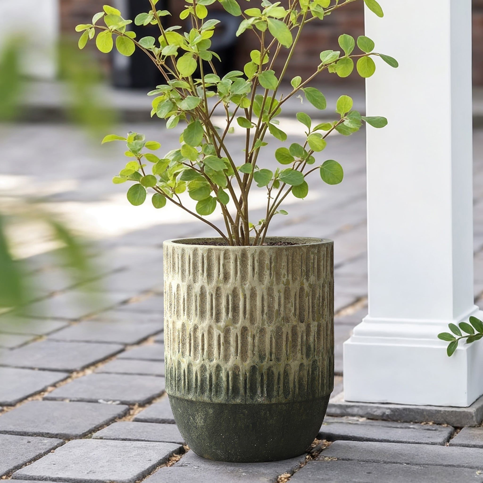 Old World Brown With Green Bottom 16.5 Inch Tall Round Cement Planter 16.54 H X 12.99 Diameter
