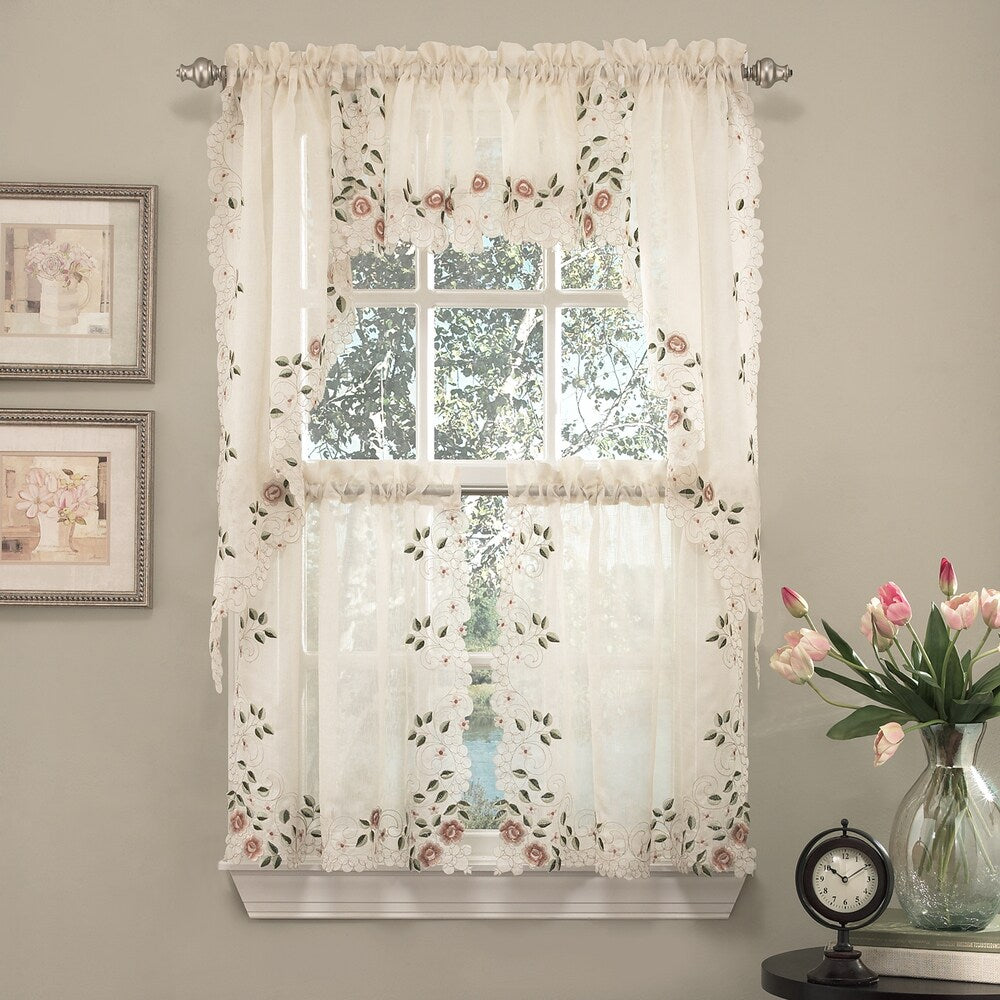 Old World Floral Embroidered Sheer Kitchen Curtain Parts Tiers Swags And Valances