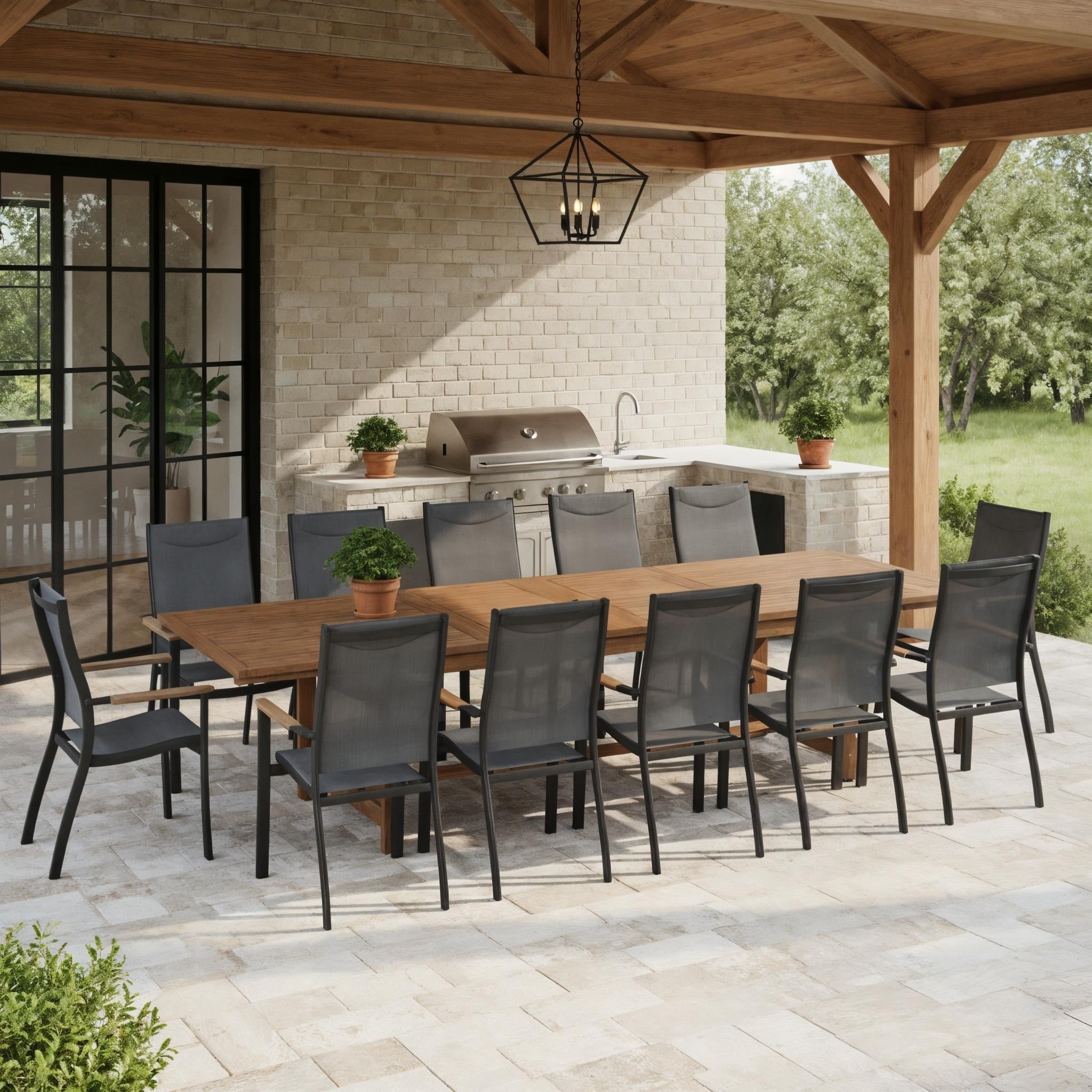Olin 13 Piece Outdoor Rectangular Extendable Dining Table And Chairs Set Teak Finish Ideal For Patio 13 Pc
