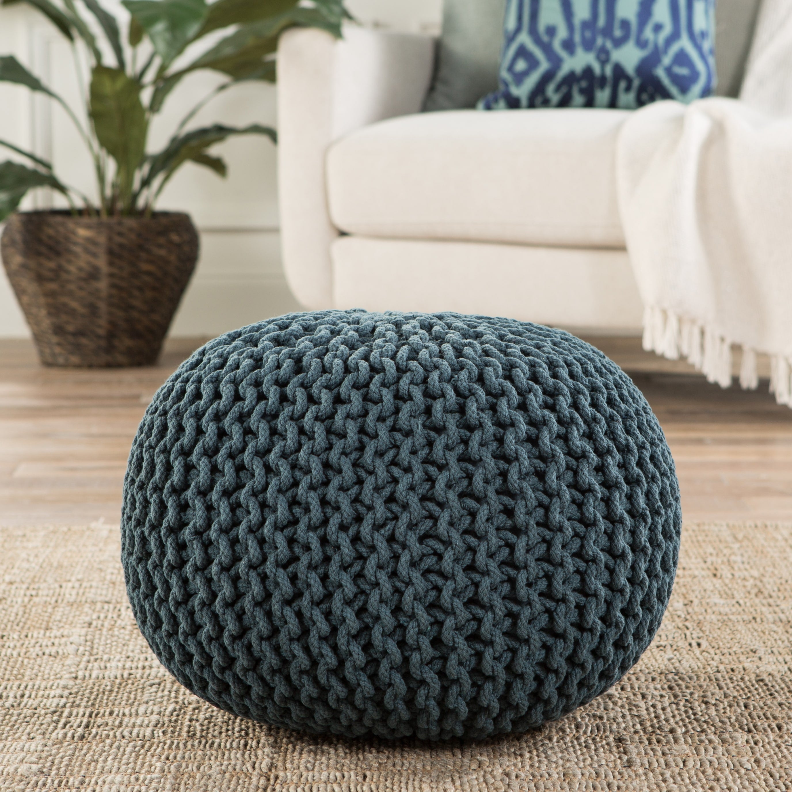 Olsen Teal Textured Round Pouf