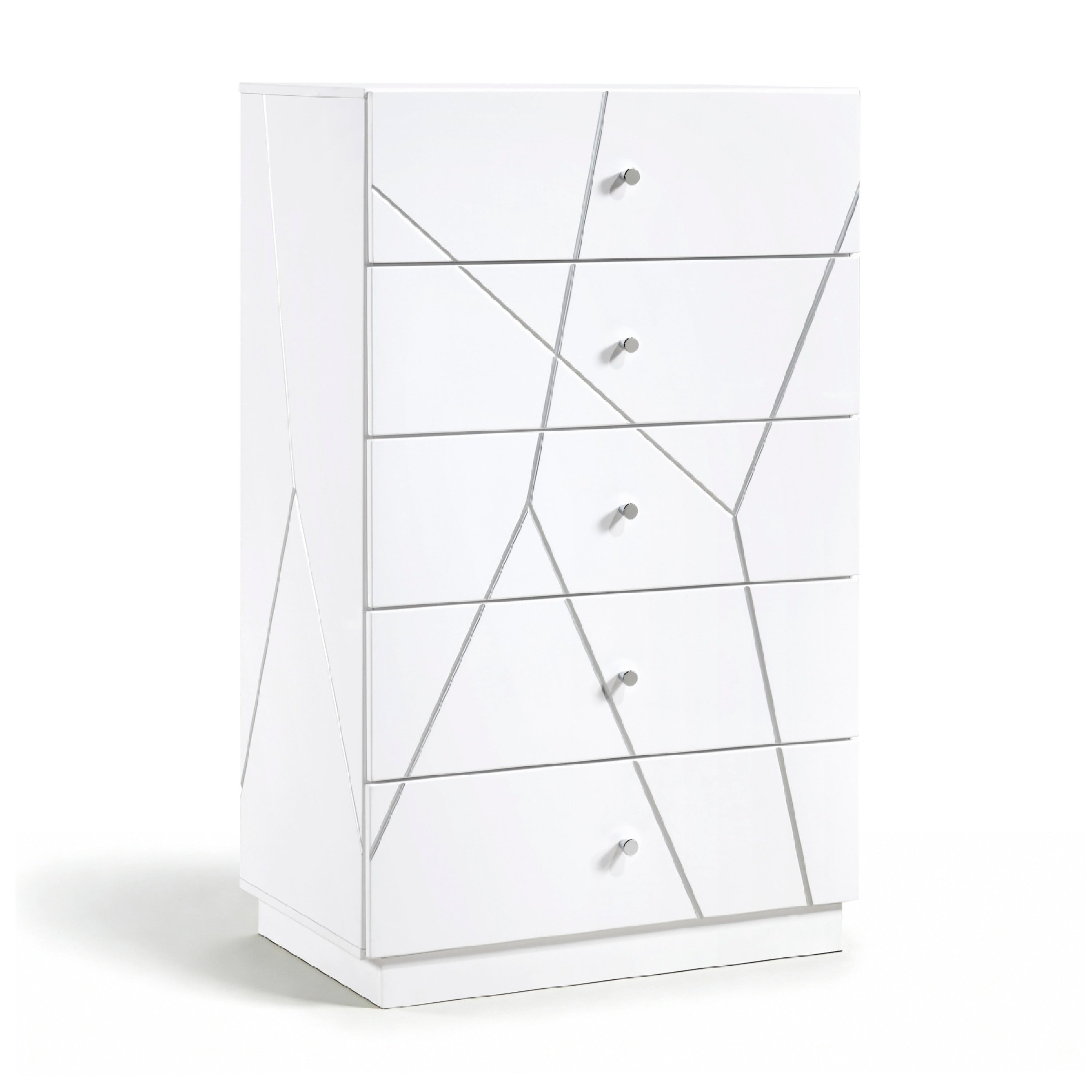 Oly Tall Dresser Chest 5 Drawers Glossy White Geometric Fronts