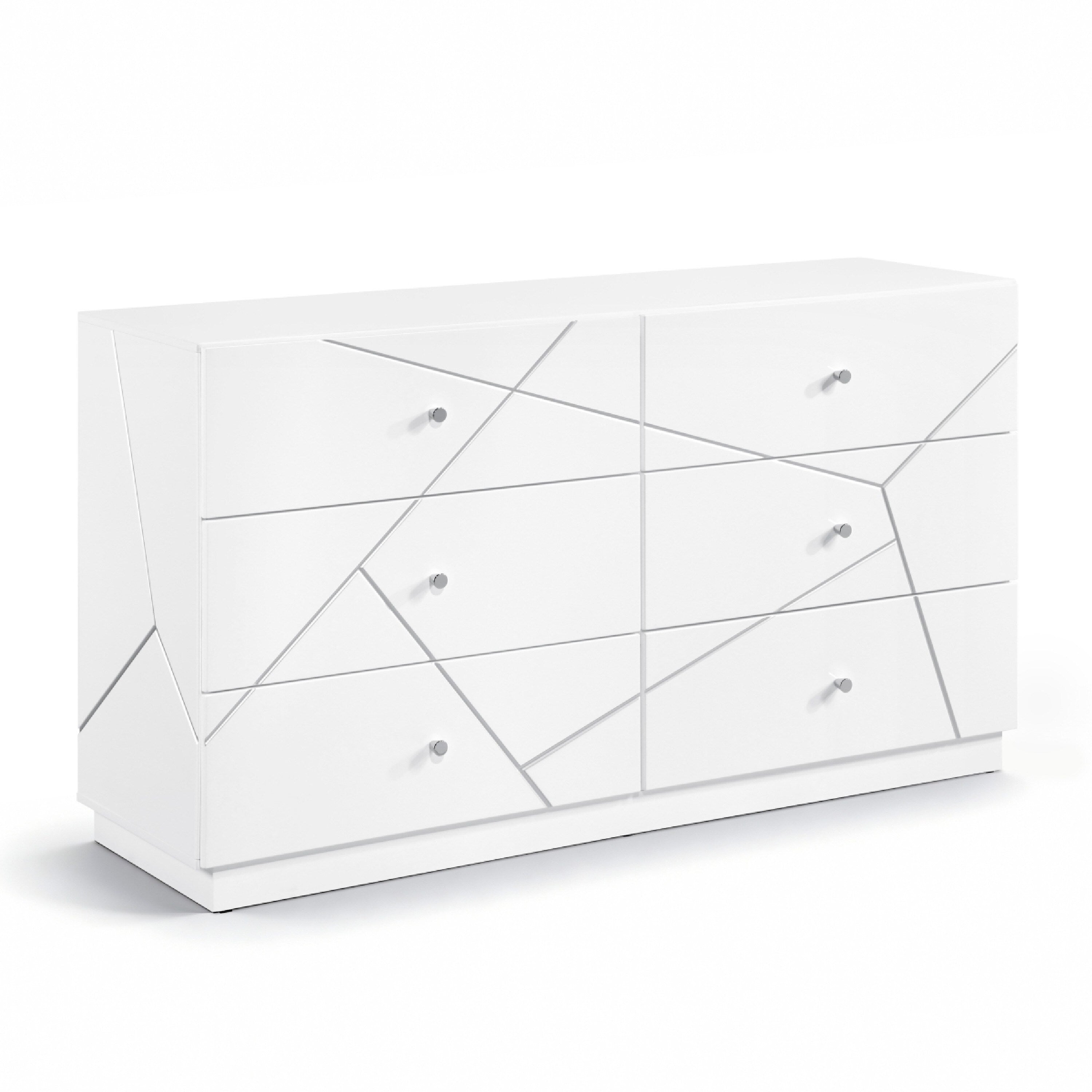 Oly Wide Dresser 6 Drawers Geometric Design Chrome Knobs Glossy White