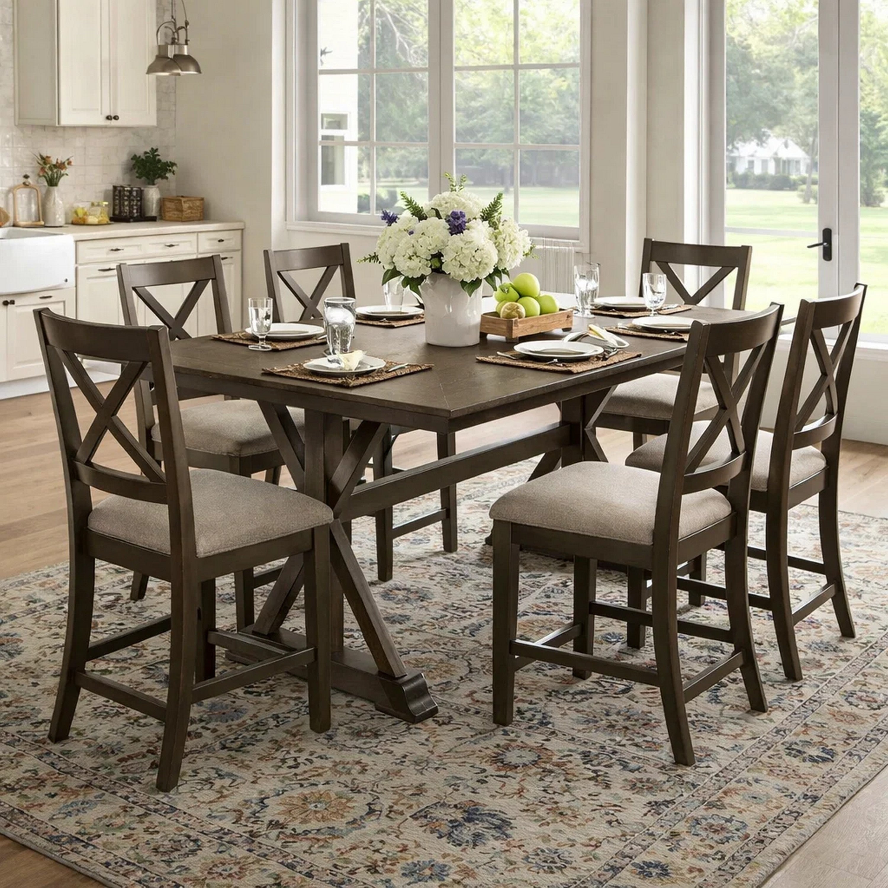 Omal Counter Height Dining Table Khaki Brown 71 Inch Top Trestle Base