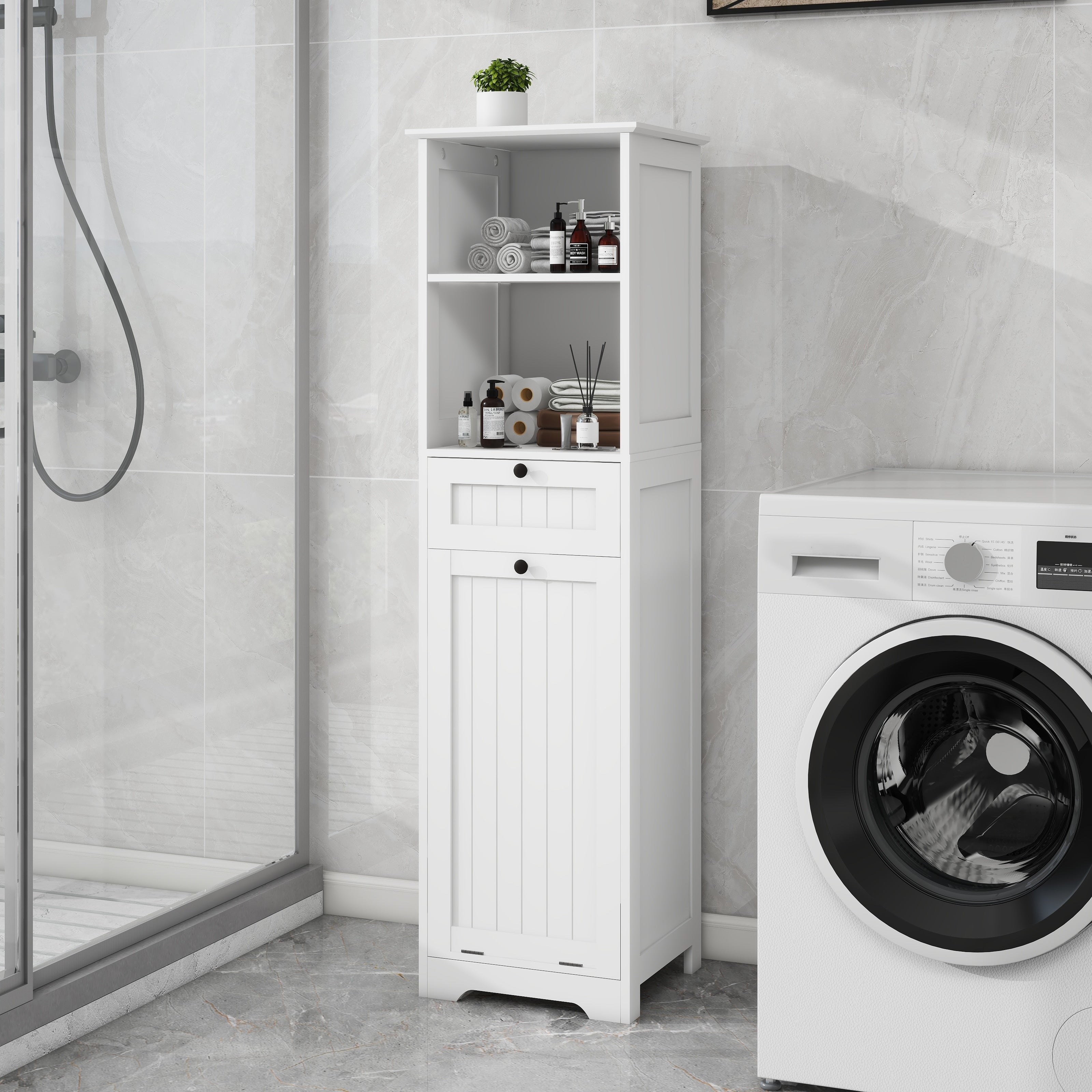 One Compartment One Drawer Tilt Out Laundry Sorter Cabinet White