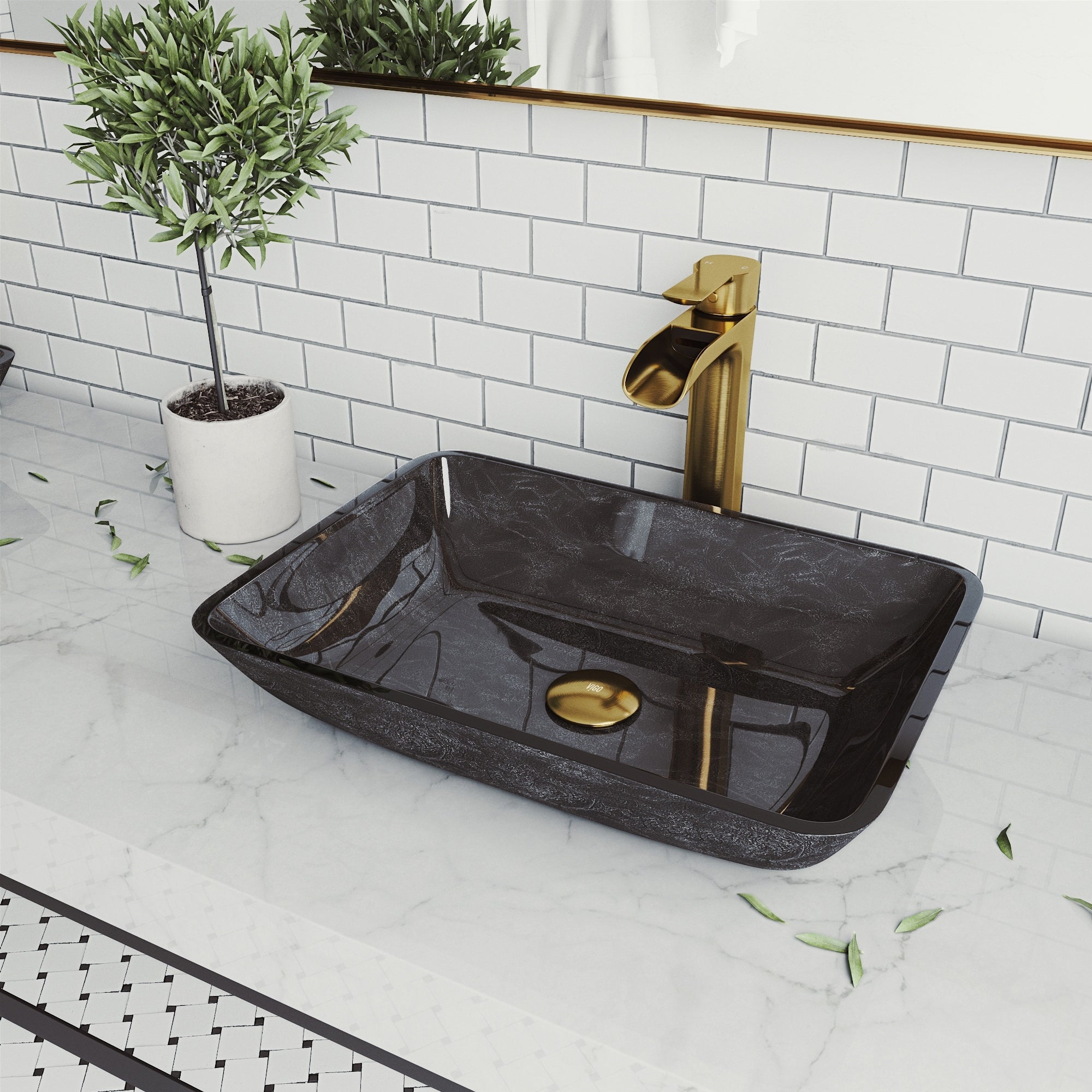 Onyx Glass Rectangle Vessel Bathroom Sink Set With Niko Faucet In Matte Gold