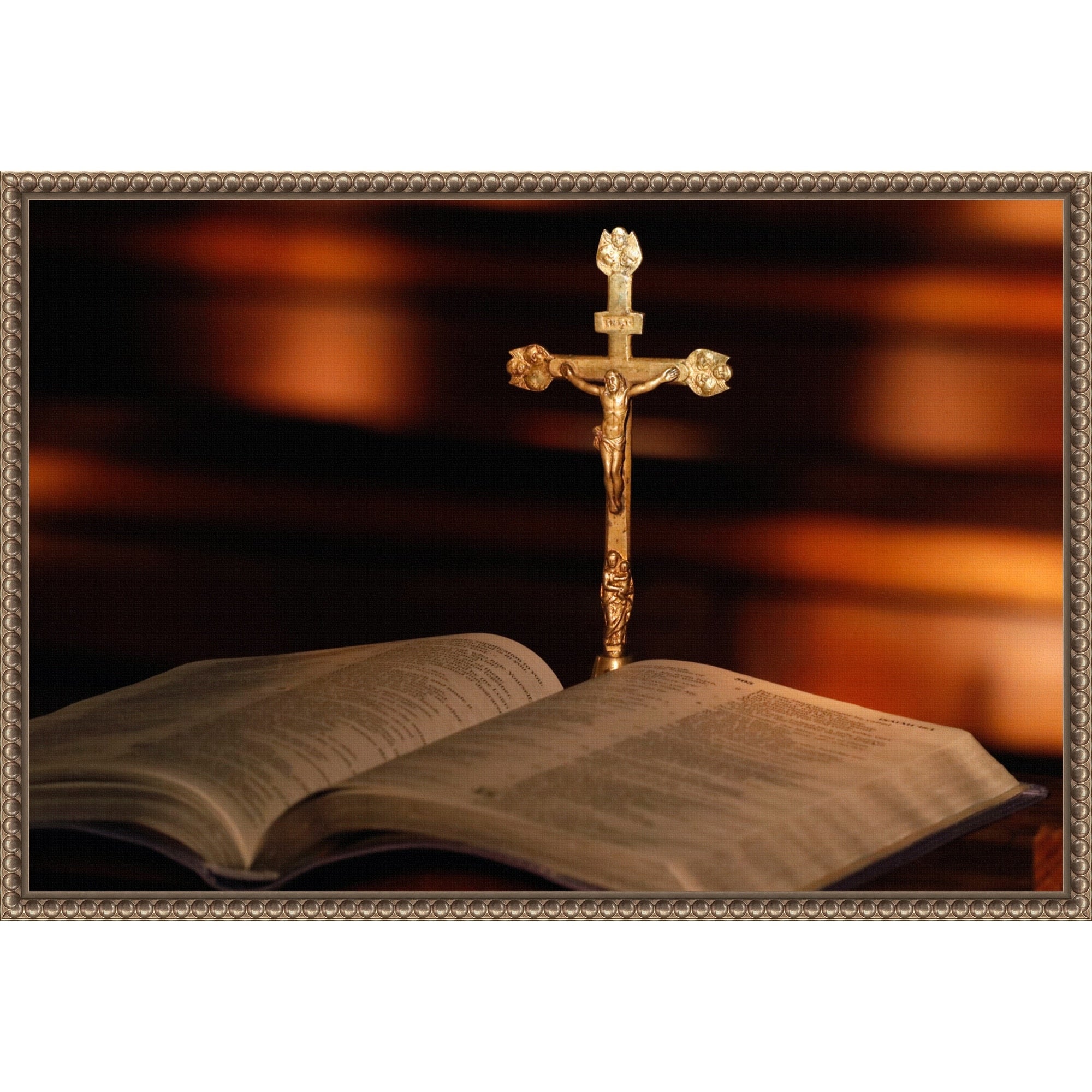 Open Bible And Crucifix Framed Canvas Wall Art Print