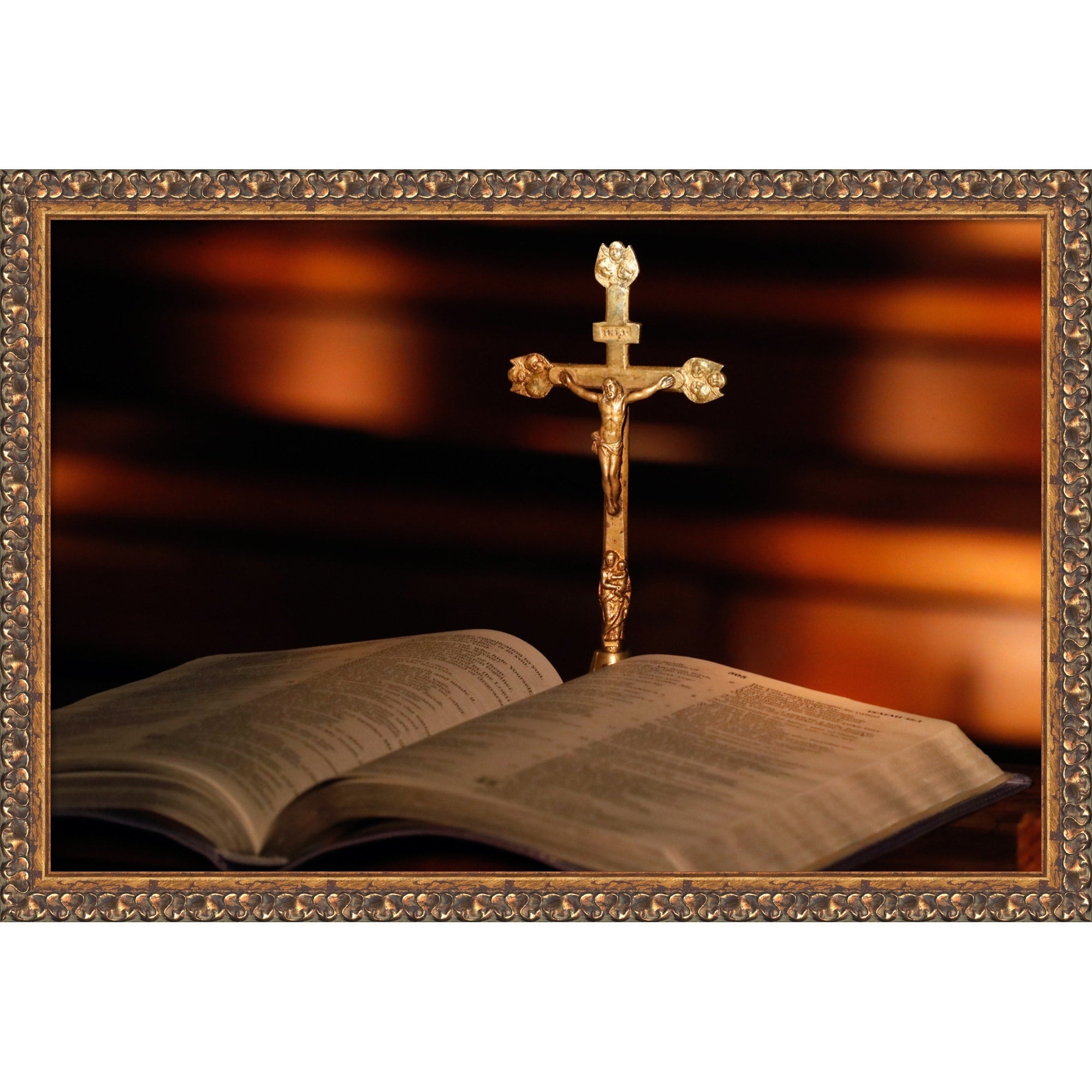 Open Bible And Crucifix Framed Mounted Canvas Wall Art Print