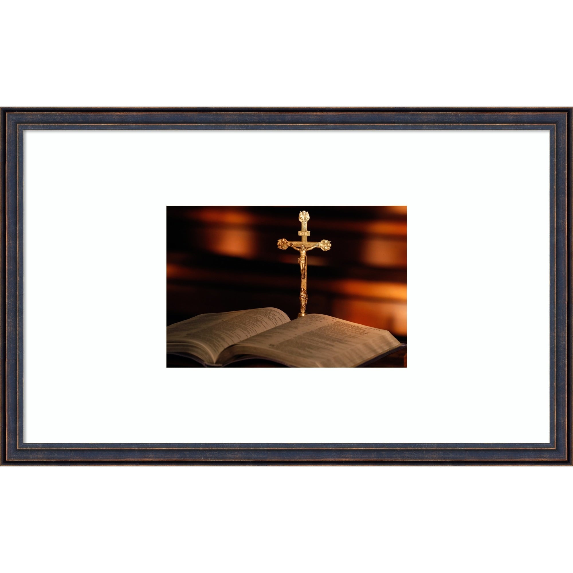 Open Bible And Crucifix Wood Framed Wall Art Print