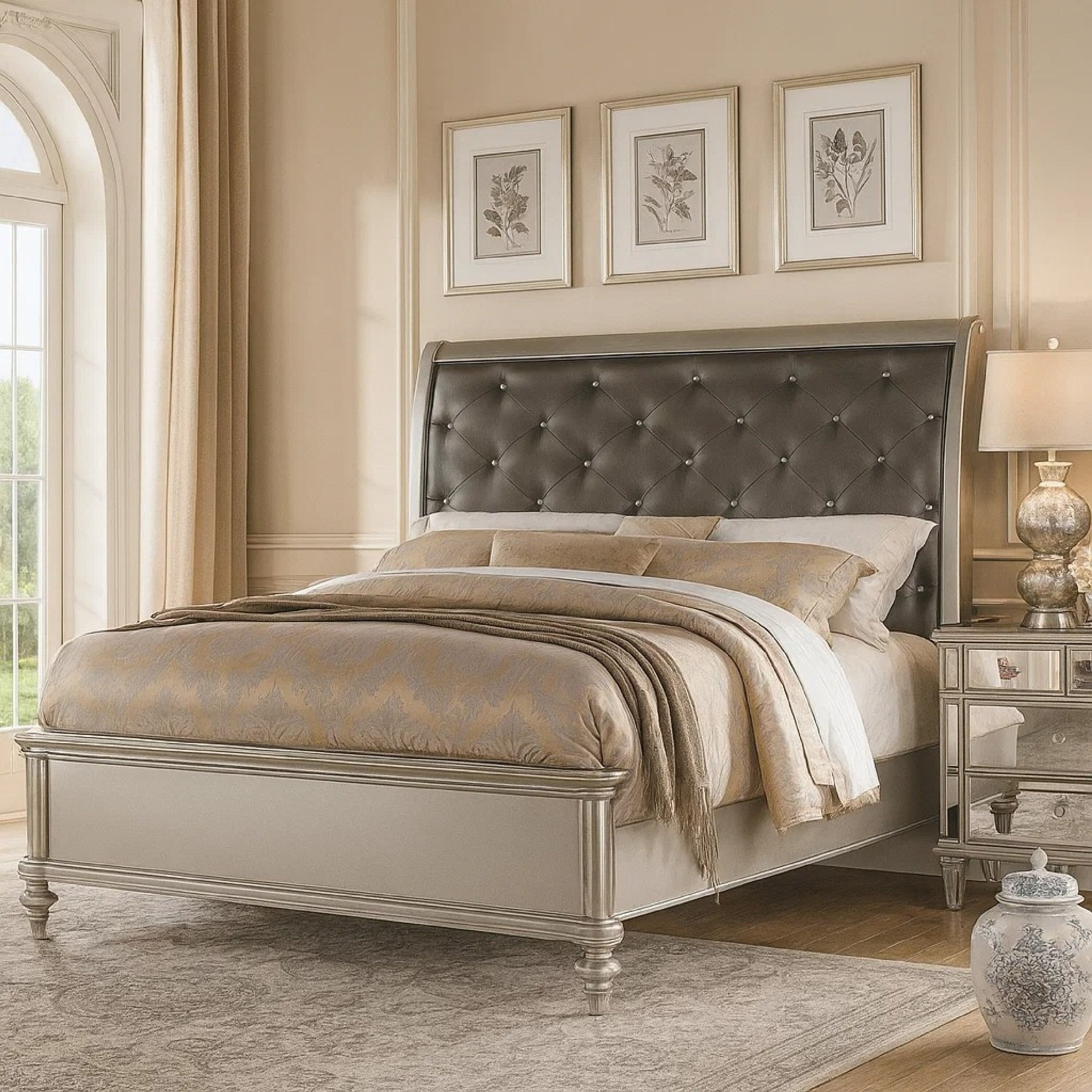 Opulent Wooden E.King Bed With Silver Pu Tufted Hb Shinny Silver Finish
