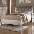 Opulent Wooden Queen Bed With Silver Pu Tufted Hb Shinny Silver Finish