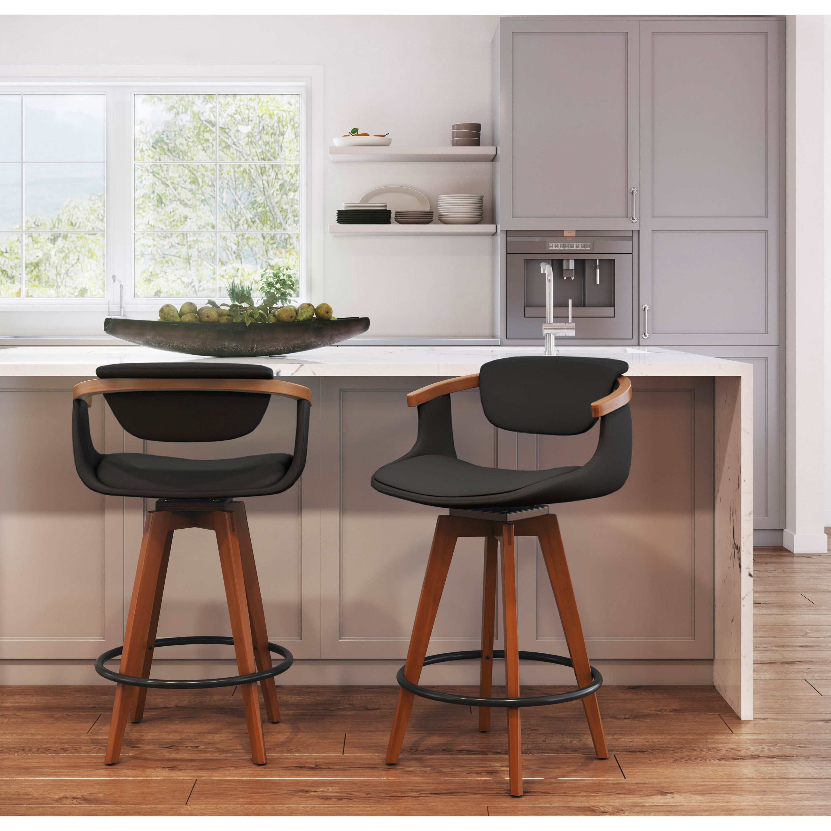 Oracle Mid Century Modern Counter Stool In Faux Leather Walnut Wood N A