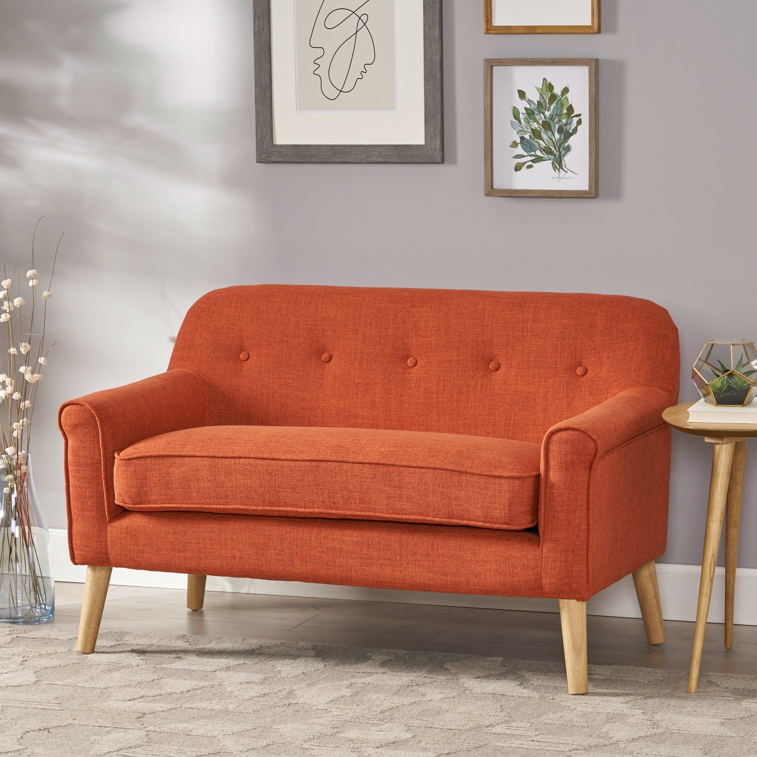 Orange Fabric Loveseat Minimalist Sofa Couch With Button Tufted 2 Seater Sofa Couch With Rolled Armrests