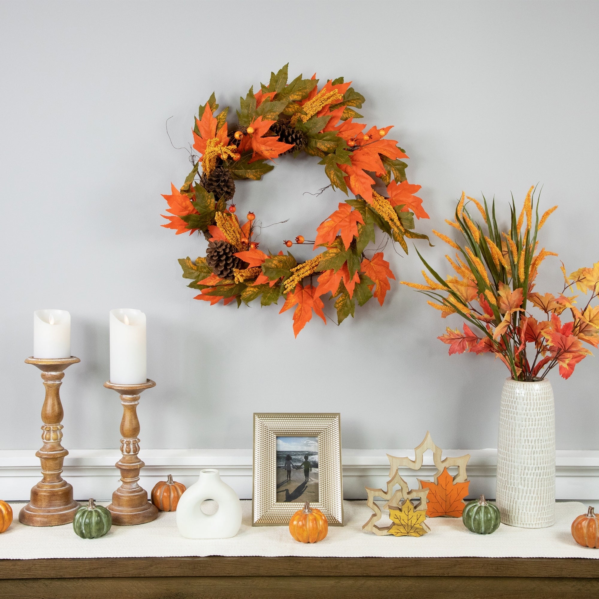 Fall Leaves Pine Cones And Pumpkins Artificial Thanksgiving Wreath 20 Inch