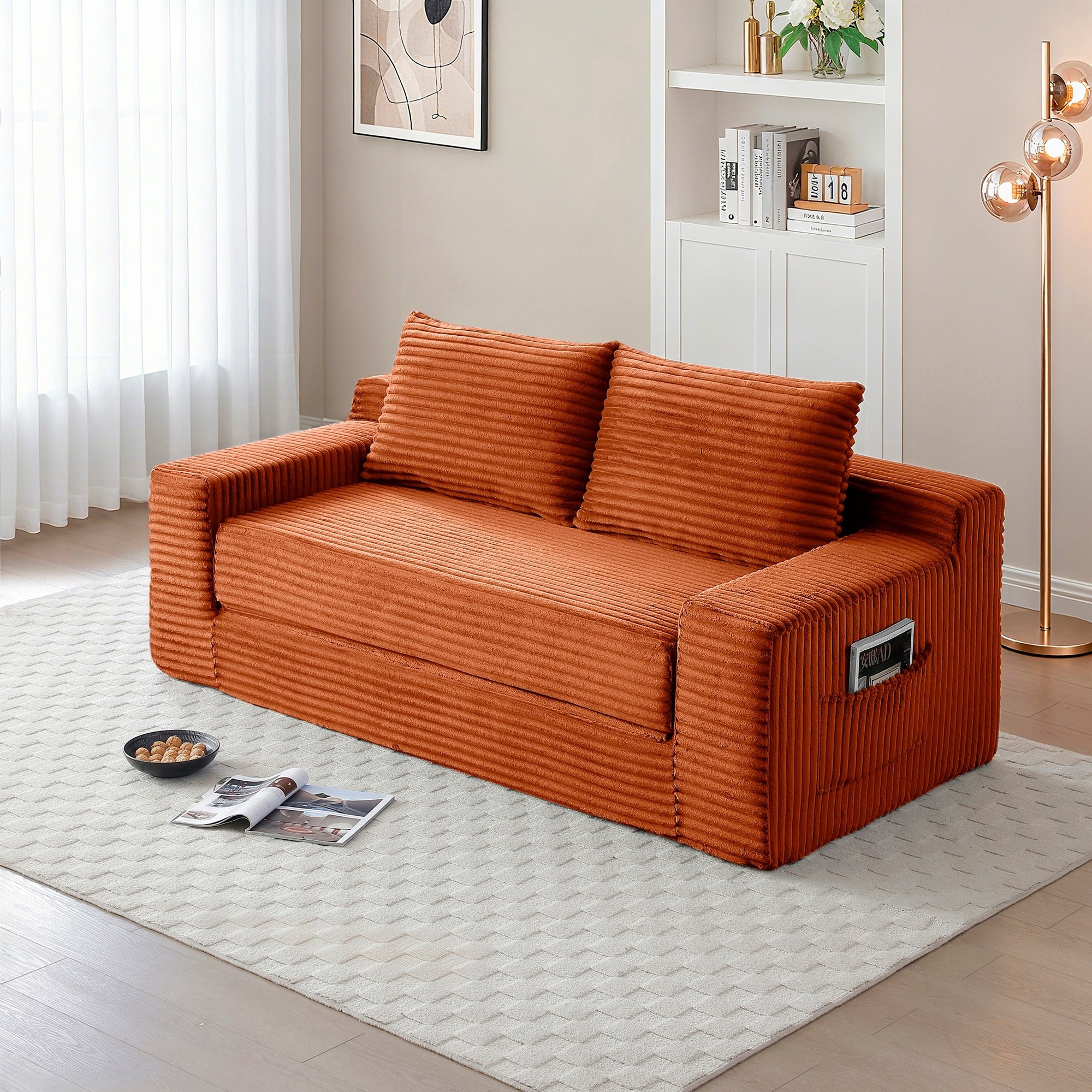 Orange Floor Sofa Couch Convertible Sofa Bed With Storage Pockets Boneless Pull Out Sofa Bed For Living Room
