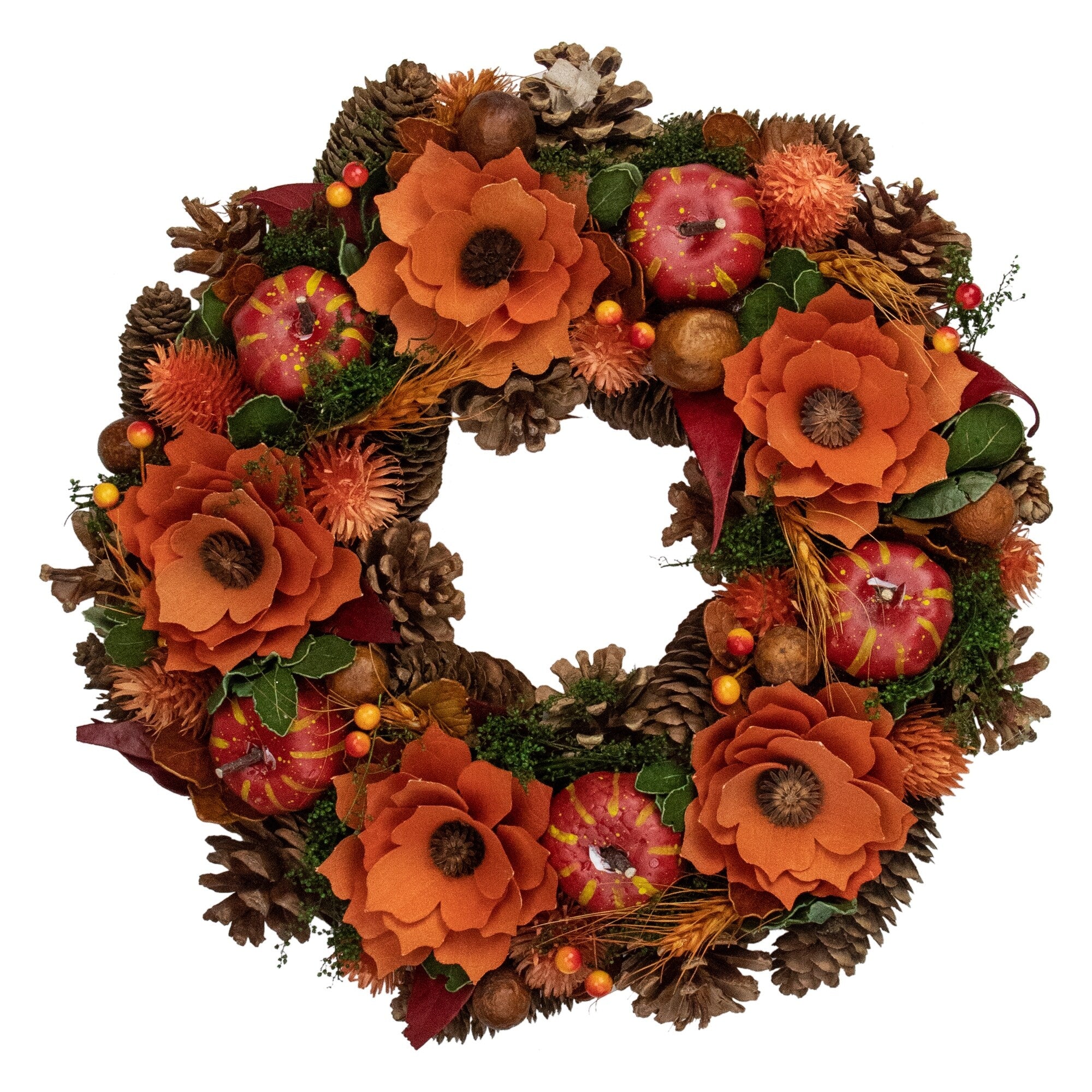 Orange And Red Fall Wreath With Gourds And Flowers 13.25 Inch Unlit