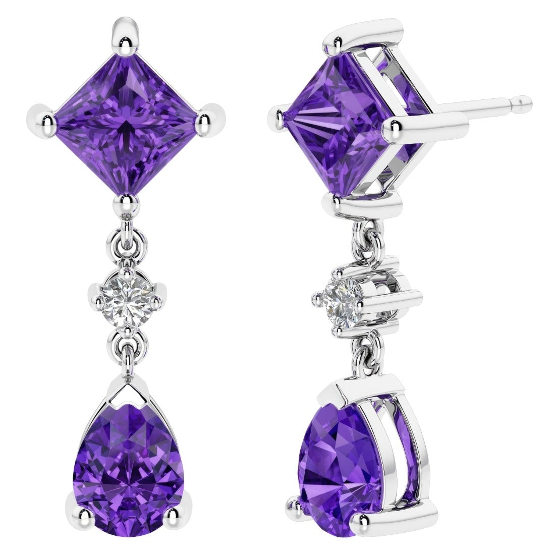 Oravo Princess And Pear Cut Gemstone With Round Lab Diamond Drop Earrings In Sterling Silver