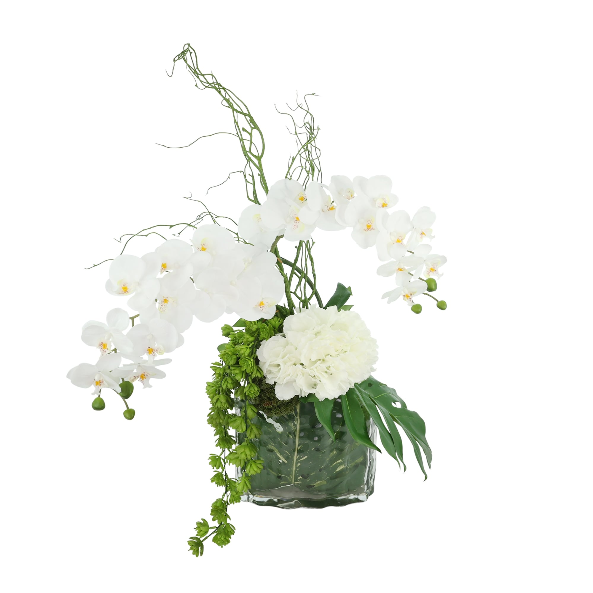 Orchids Arranged With Hydrangea Succulents And Philodendron Leaves 25
