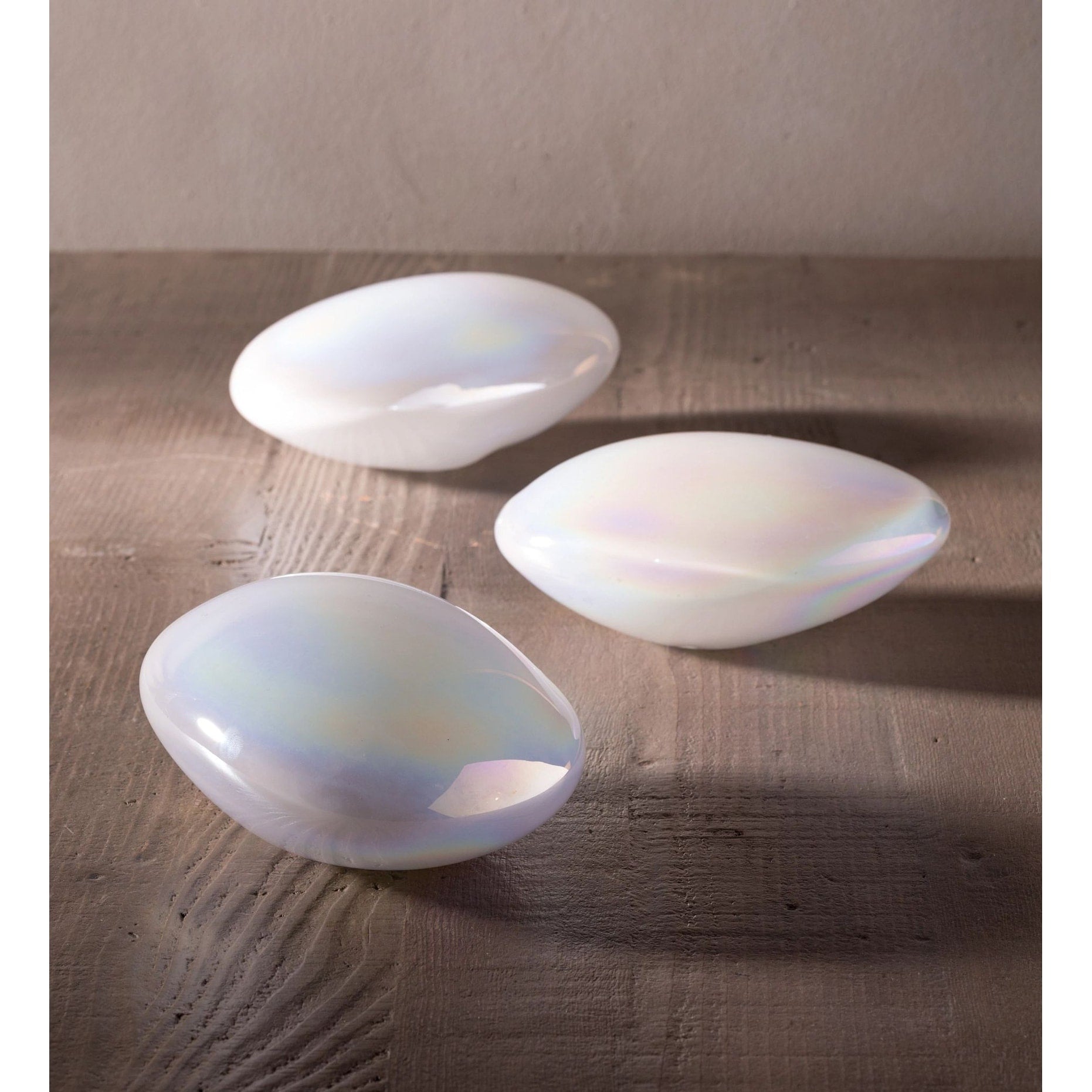 Organic Shaped Iridescent Glass Stones Set Of 3 White