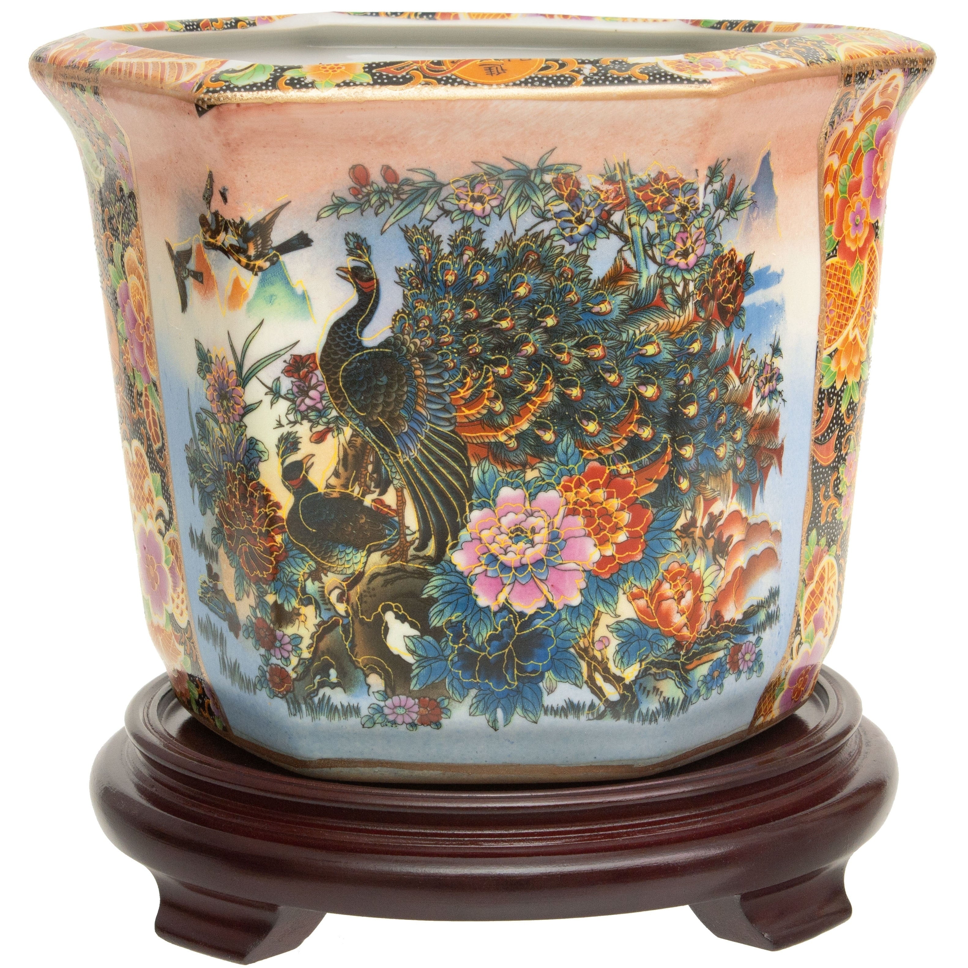Oriental Furniture 10 Satsuma Peacock Porcelain Flower Pot